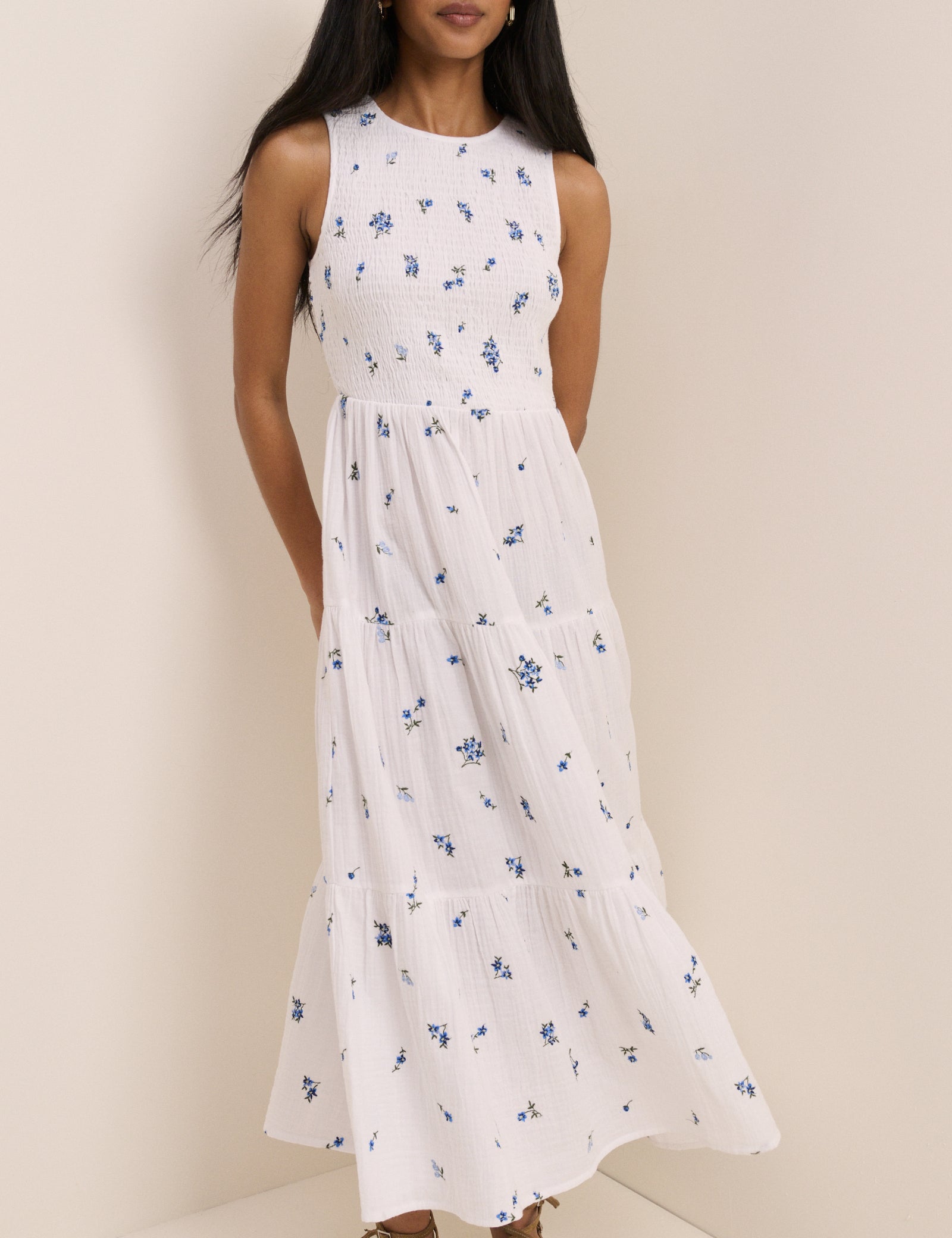 White Floral Cotton Tiered Shirred Midaxi Dress - Image 3