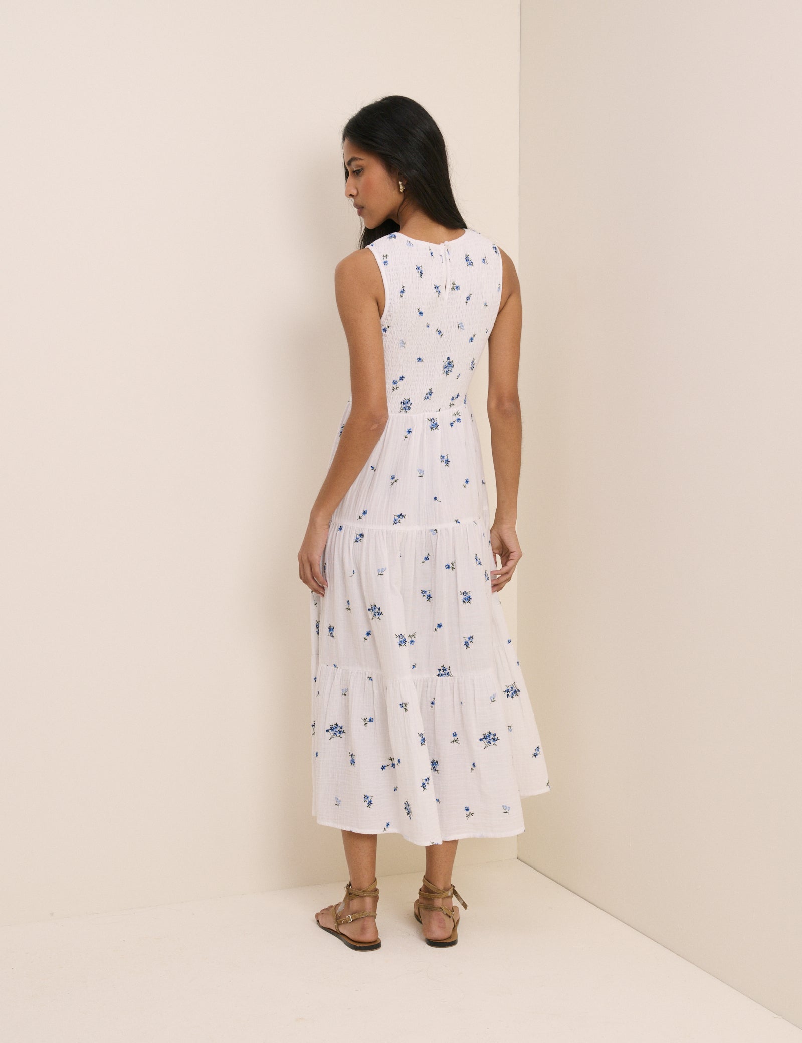 White Floral Cotton Tiered Shirred Midaxi Dress - Image 5