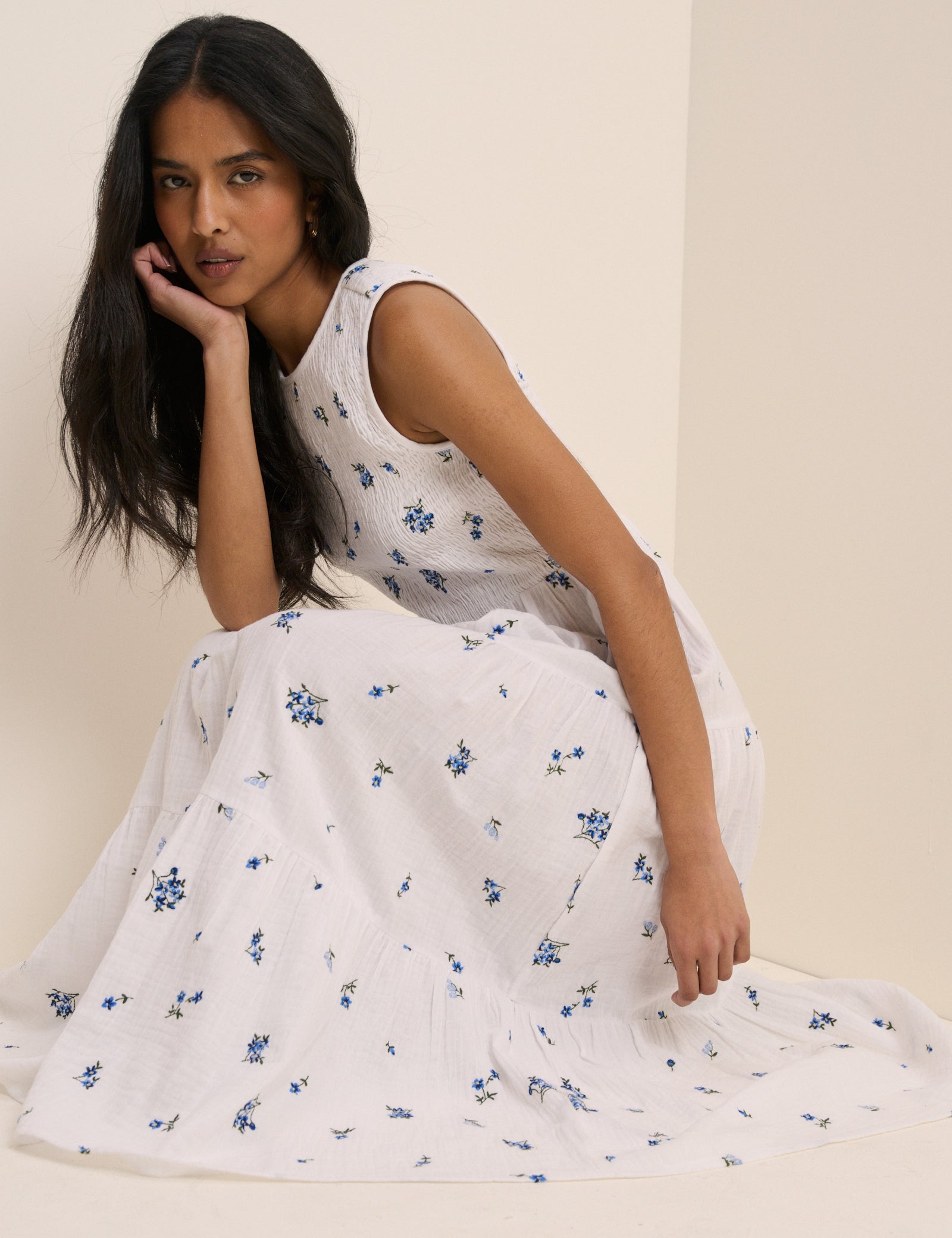 White Floral Cotton Tiered Shirred Midaxi Dress - Image 2