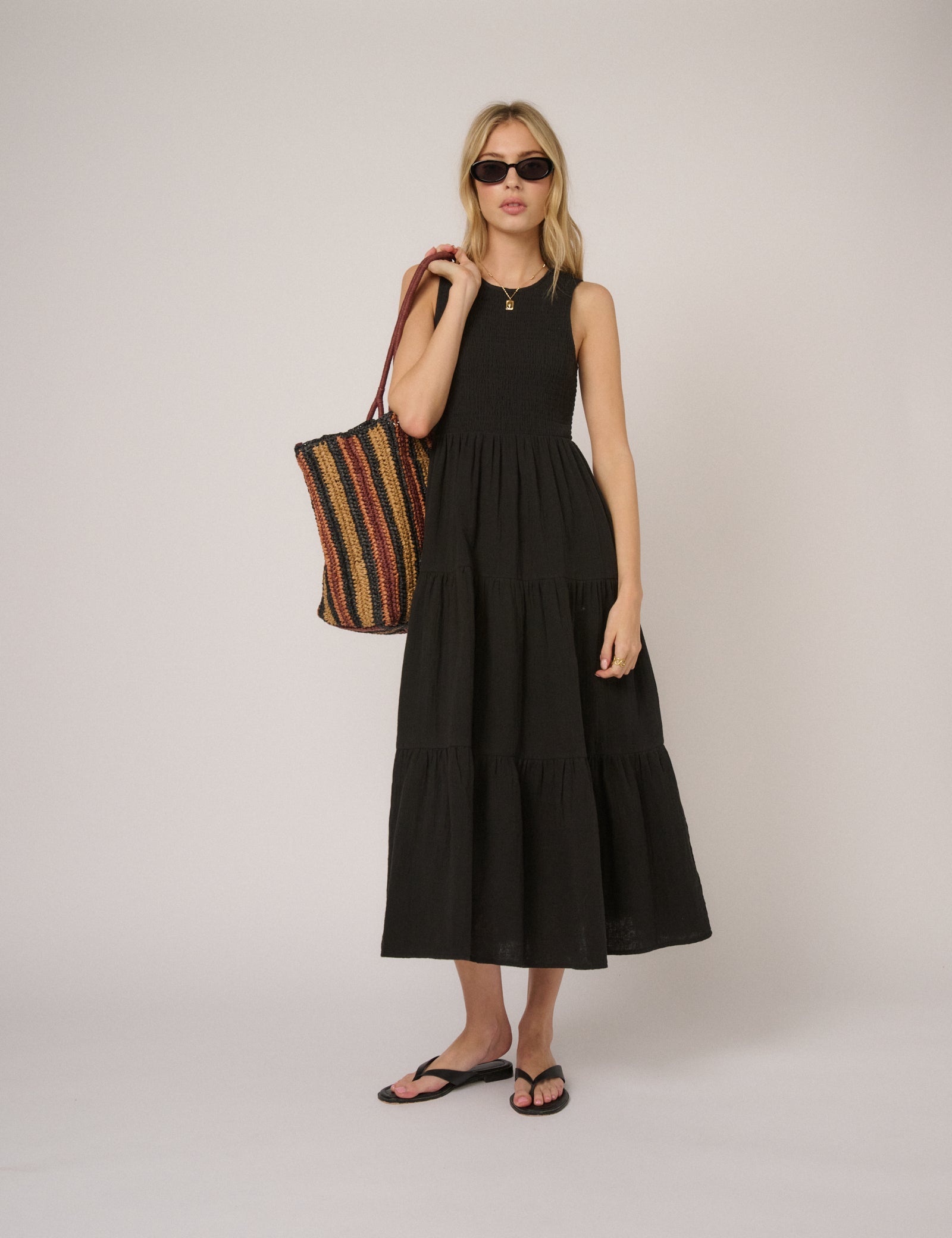 Black Cotton Tiered Shirred Sleeveless Midaxi Dress - Image 5