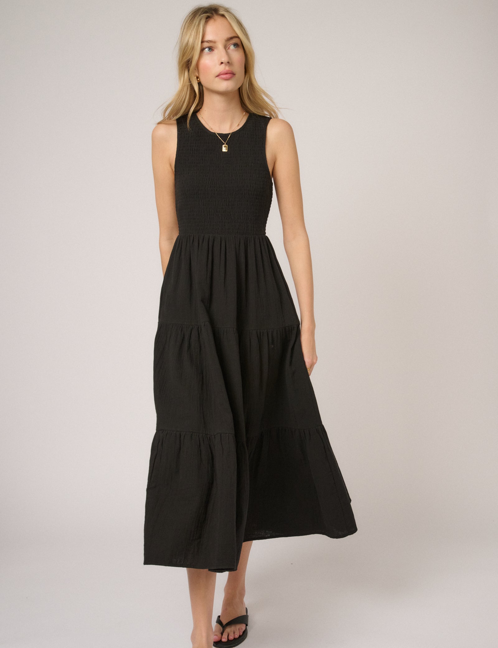 Black Cotton Tiered Shirred Sleeveless Midaxi Dress