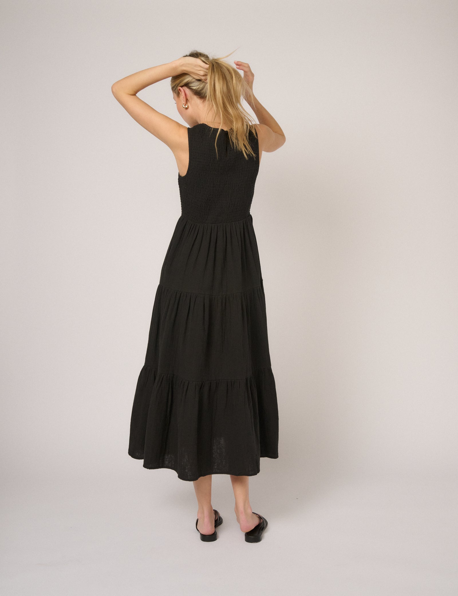 Black Cotton Tiered Shirred Sleeveless Midaxi Dress - Image 3