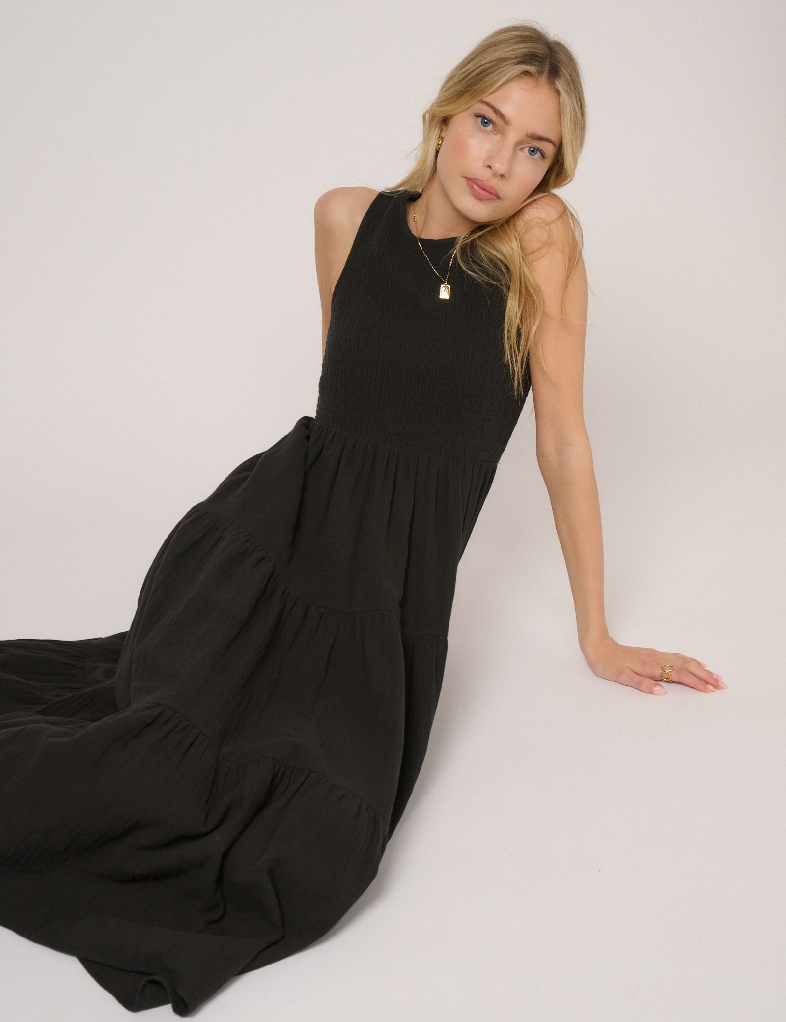 Black Cotton Tiered Shirred Sleeveless Midaxi Dress - Image 2