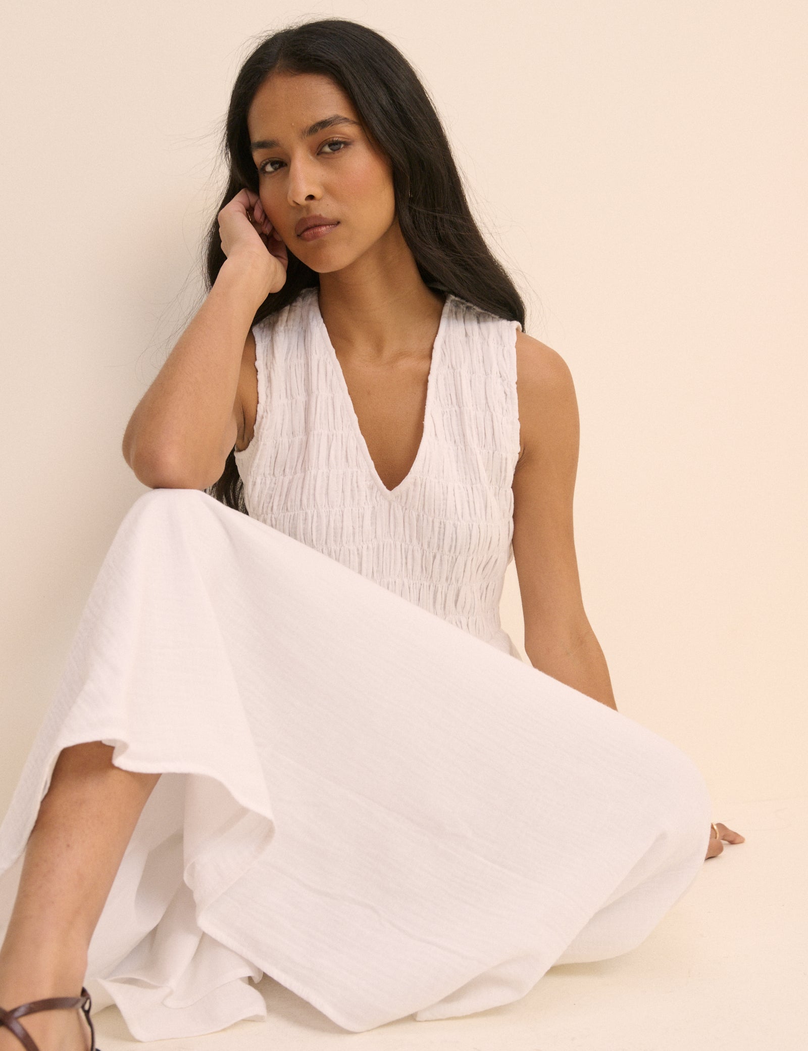 White Cotton Shirred Neck Midaxi Dress - Image 3
