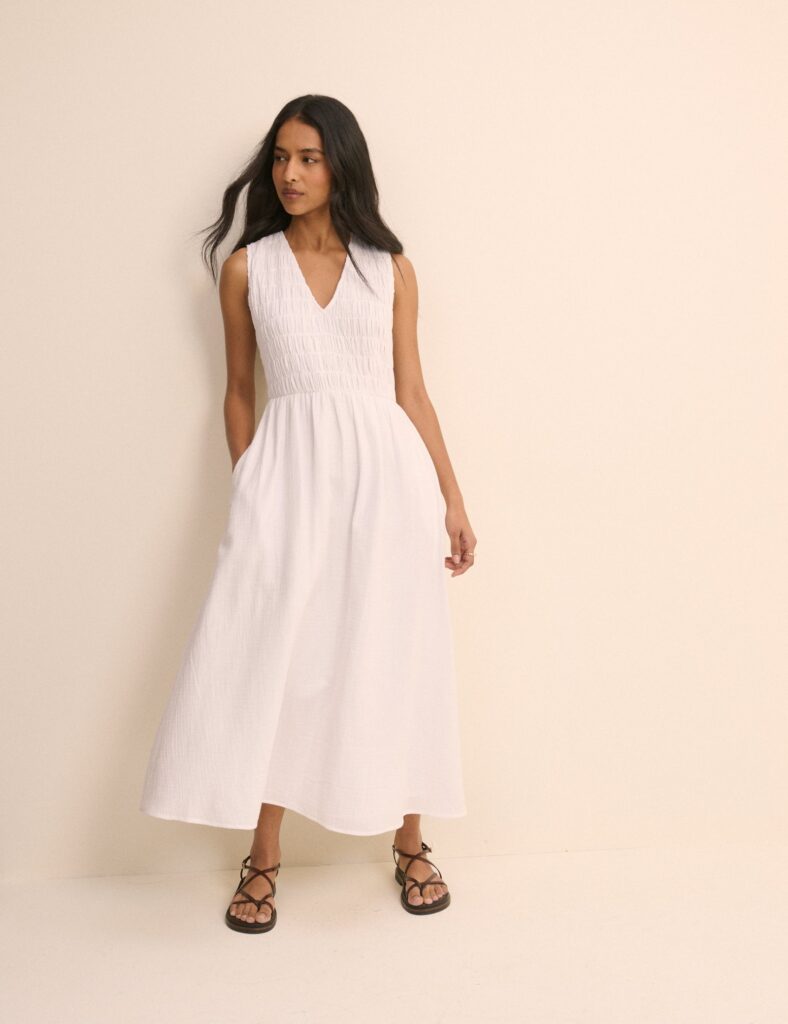 White Cotton Shirred Neck Midaxi Dress