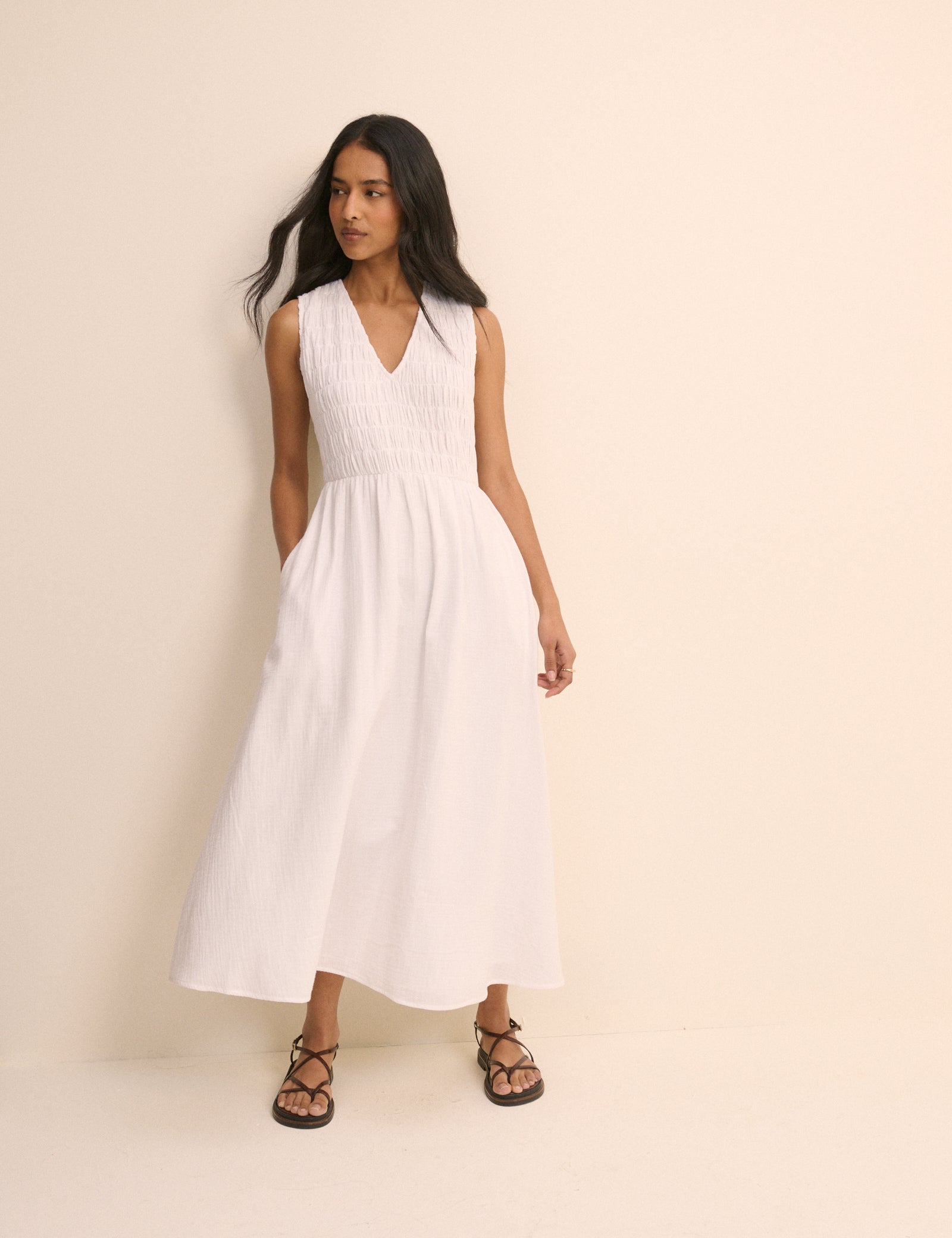 White Cotton Shirred Neck Midaxi Dress