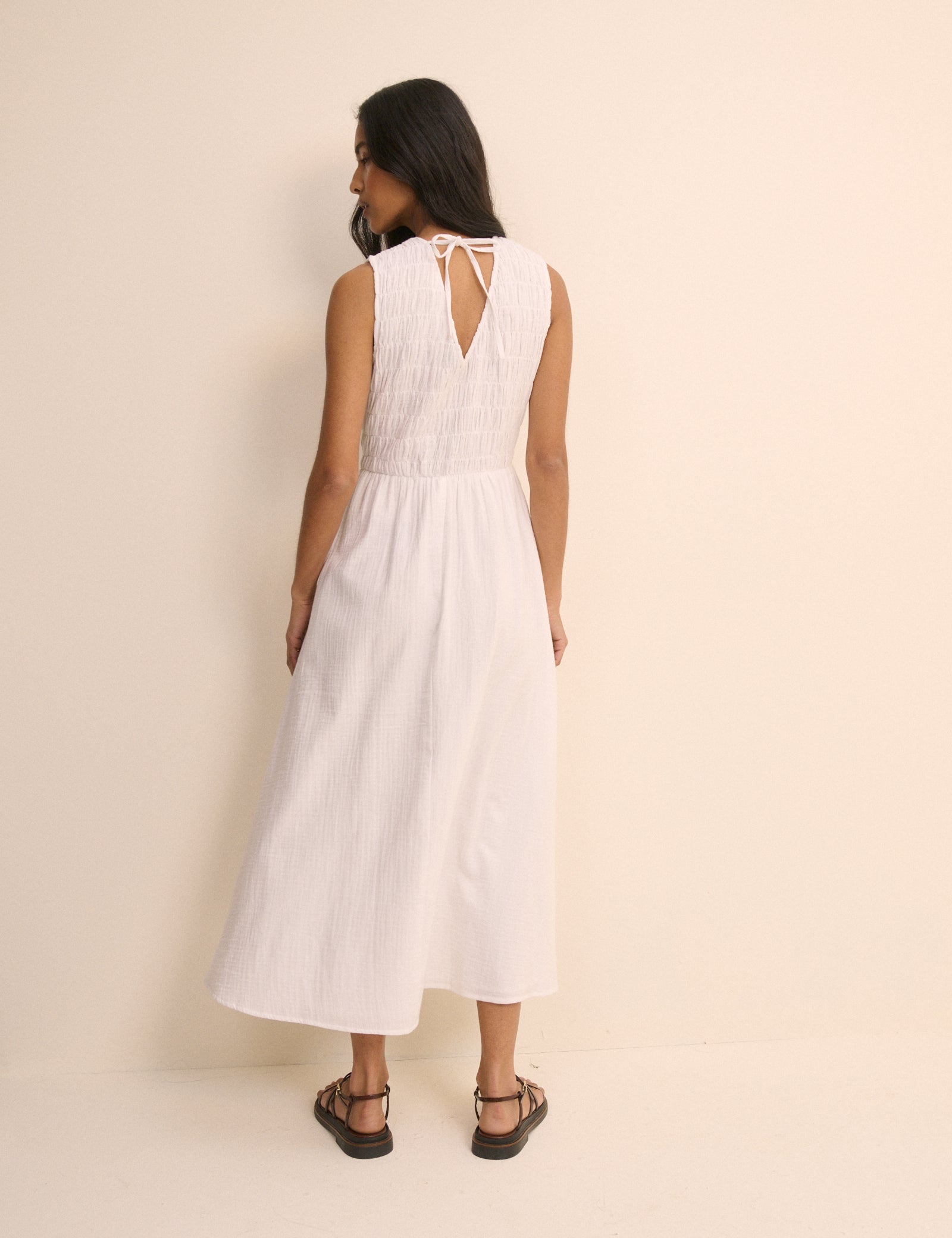 White Cotton Shirred Neck Midaxi Dress - Image 5