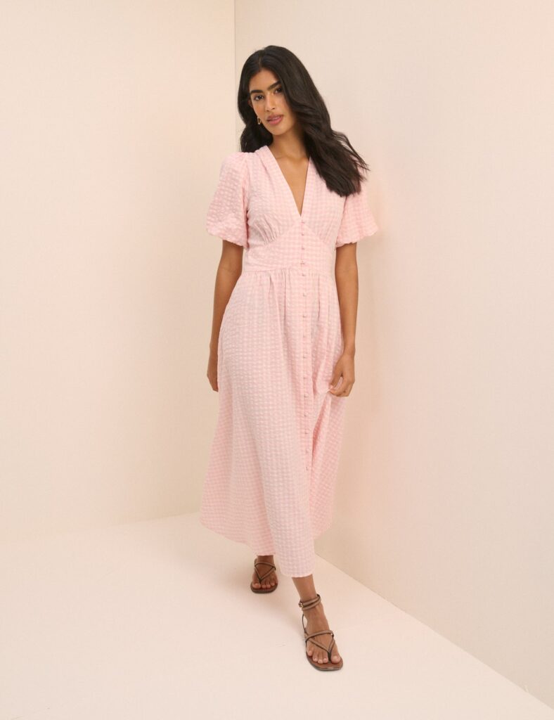 Pink Printed Cotton Button Front Midaxi Dress
