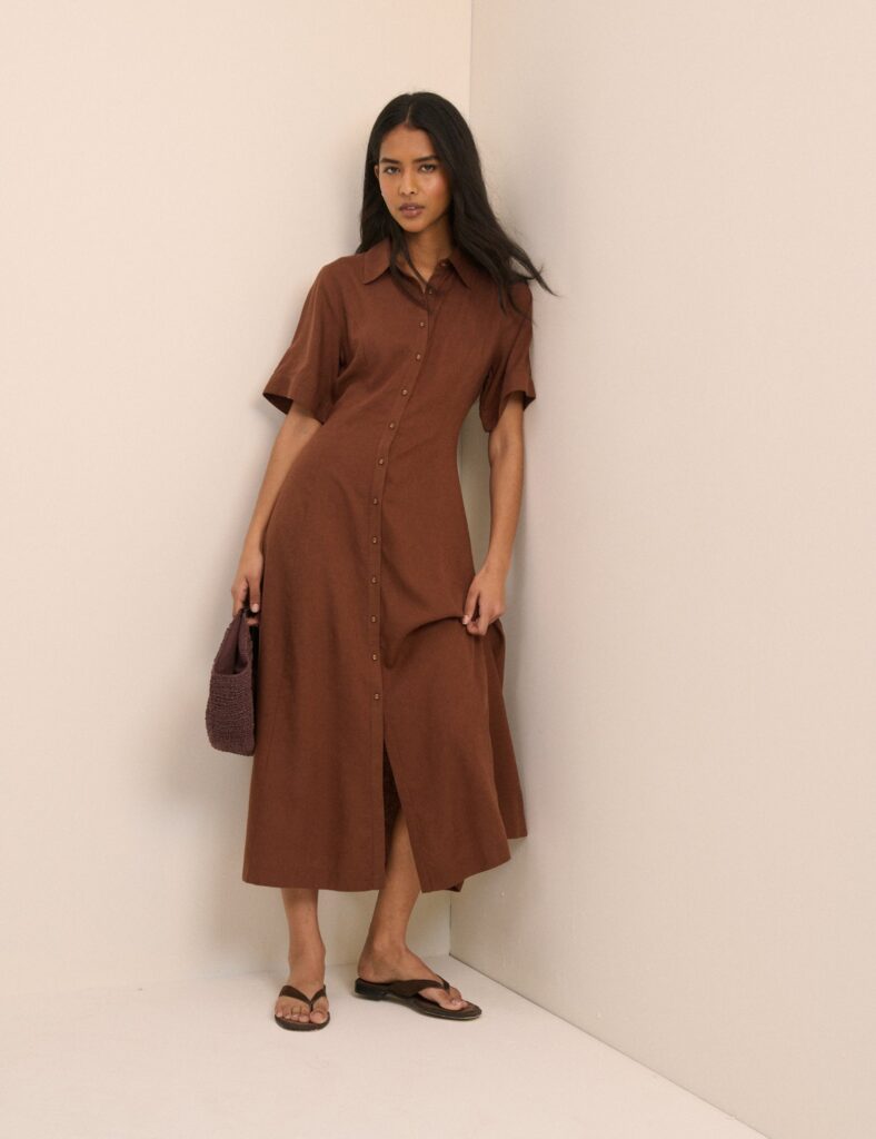 Brown Linen Button Front Shirred Midaxi Dress