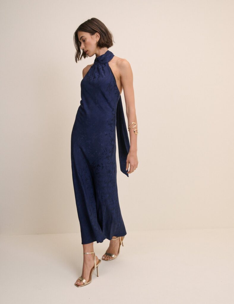 Navy Blue Floral Jacquard Slip Midaxi Dress