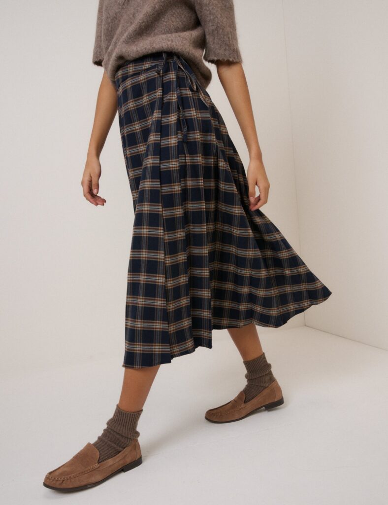Navy Tartan High Waisted Tailored Skirt