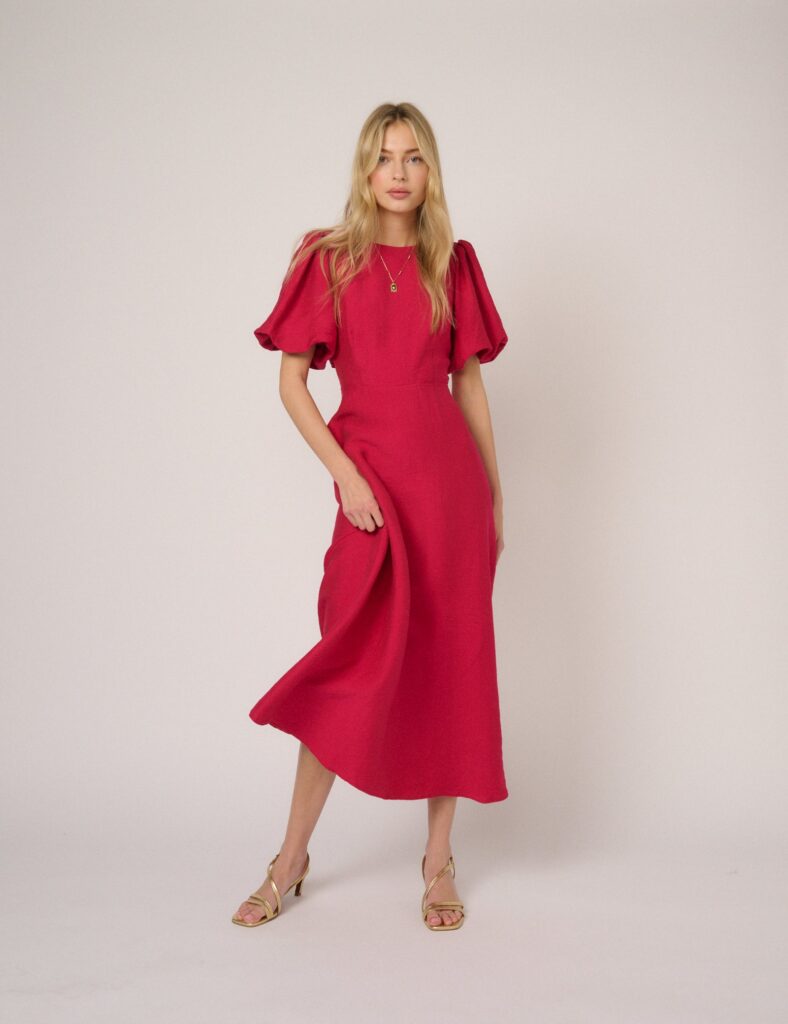 Pink Puff Sleeve Short Classic Midaxi Dress