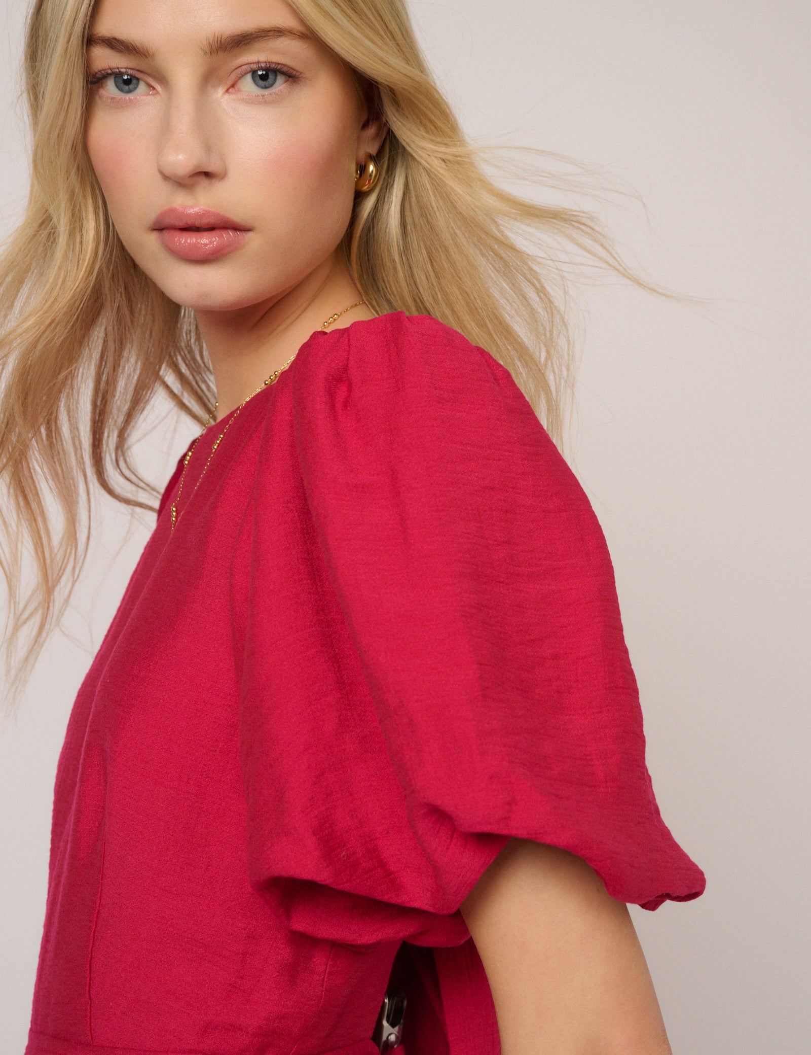 Pink Puff Sleeve Short Classic Midaxi Dress - Image 4