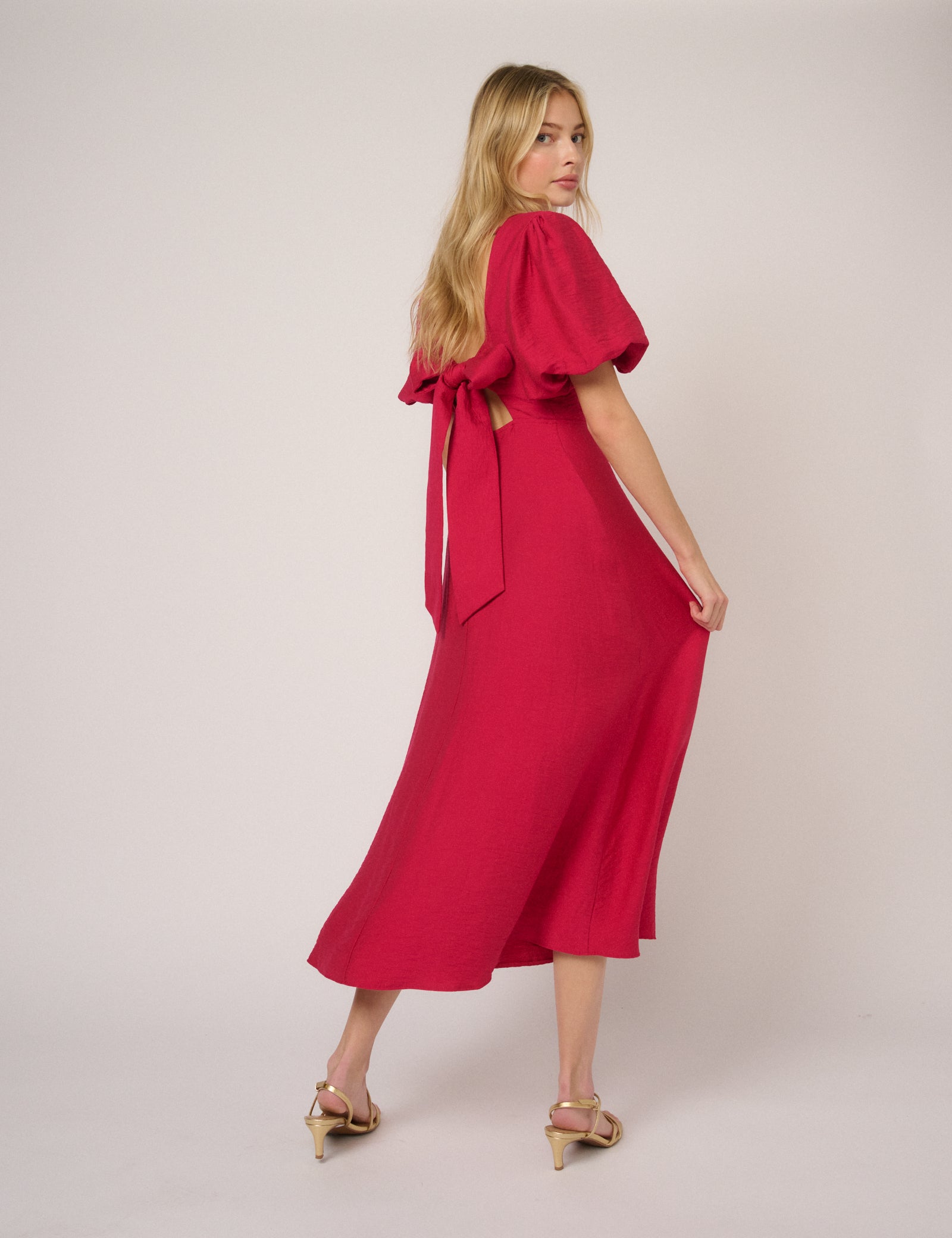 Pink Puff Sleeve Short Classic Midaxi Dress - Image 5