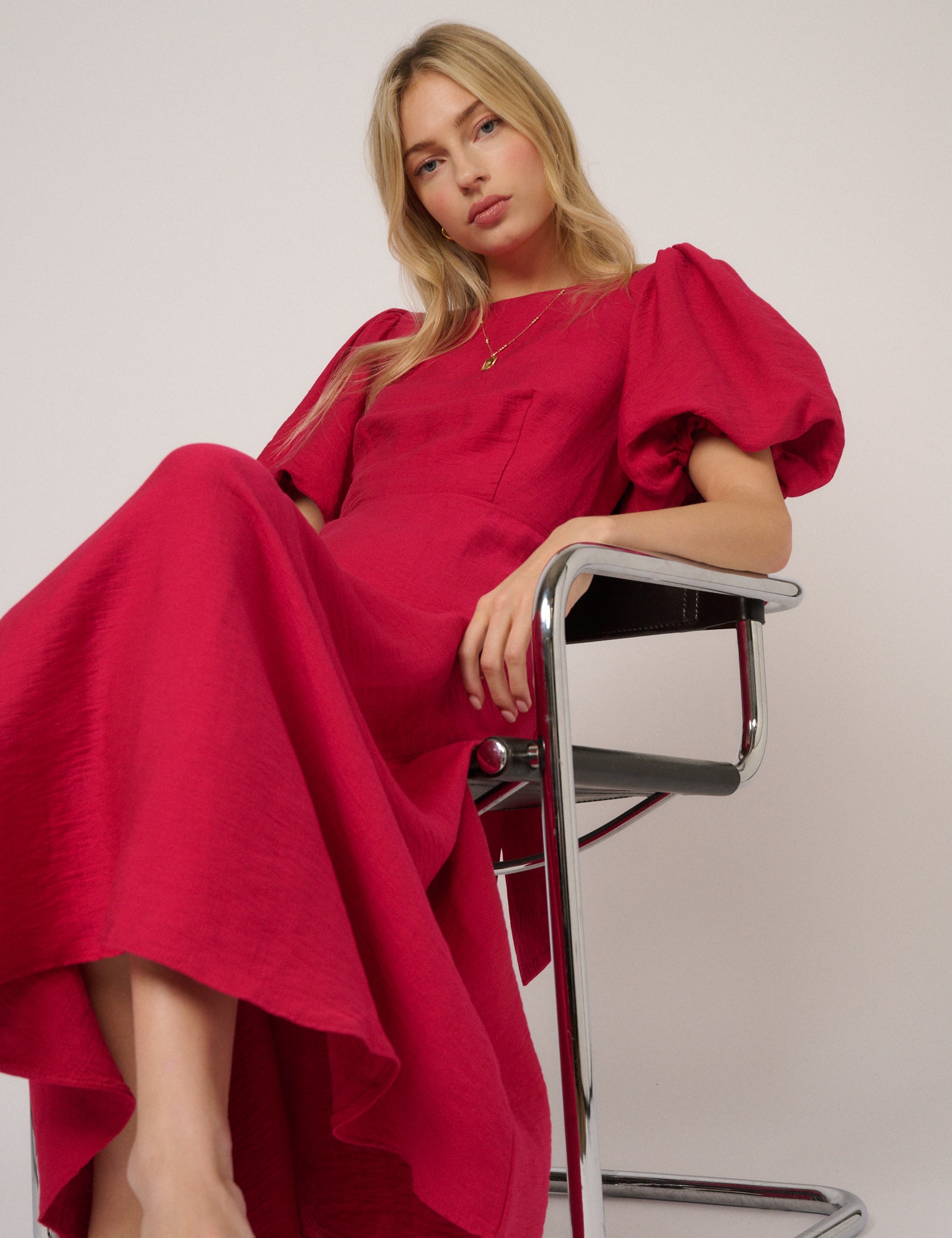 Pink Puff Sleeve Short Classic Midaxi Dress - Image 3