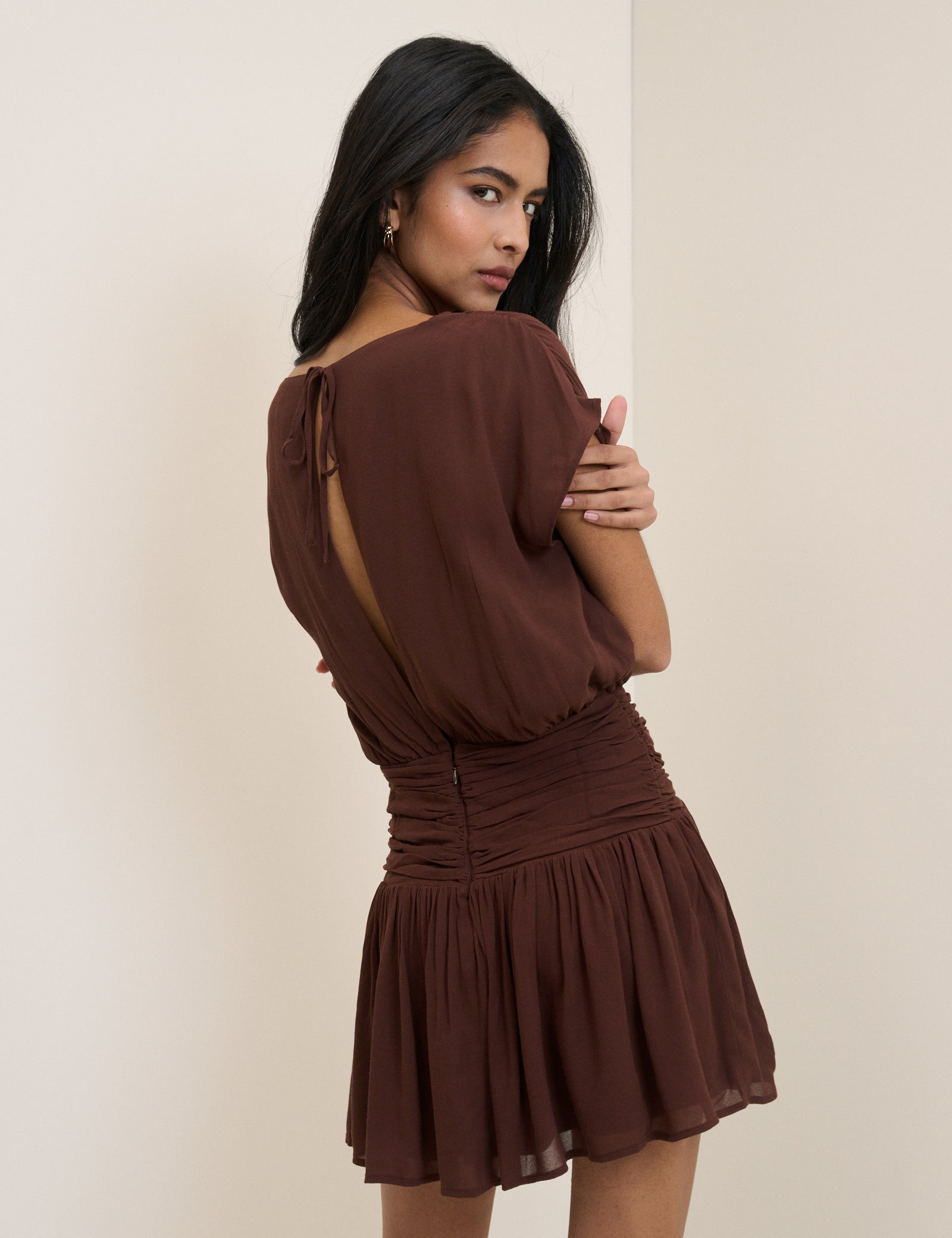 Brown Chocolate Drop Waist Short Sleeve Mini Dress - Image 5