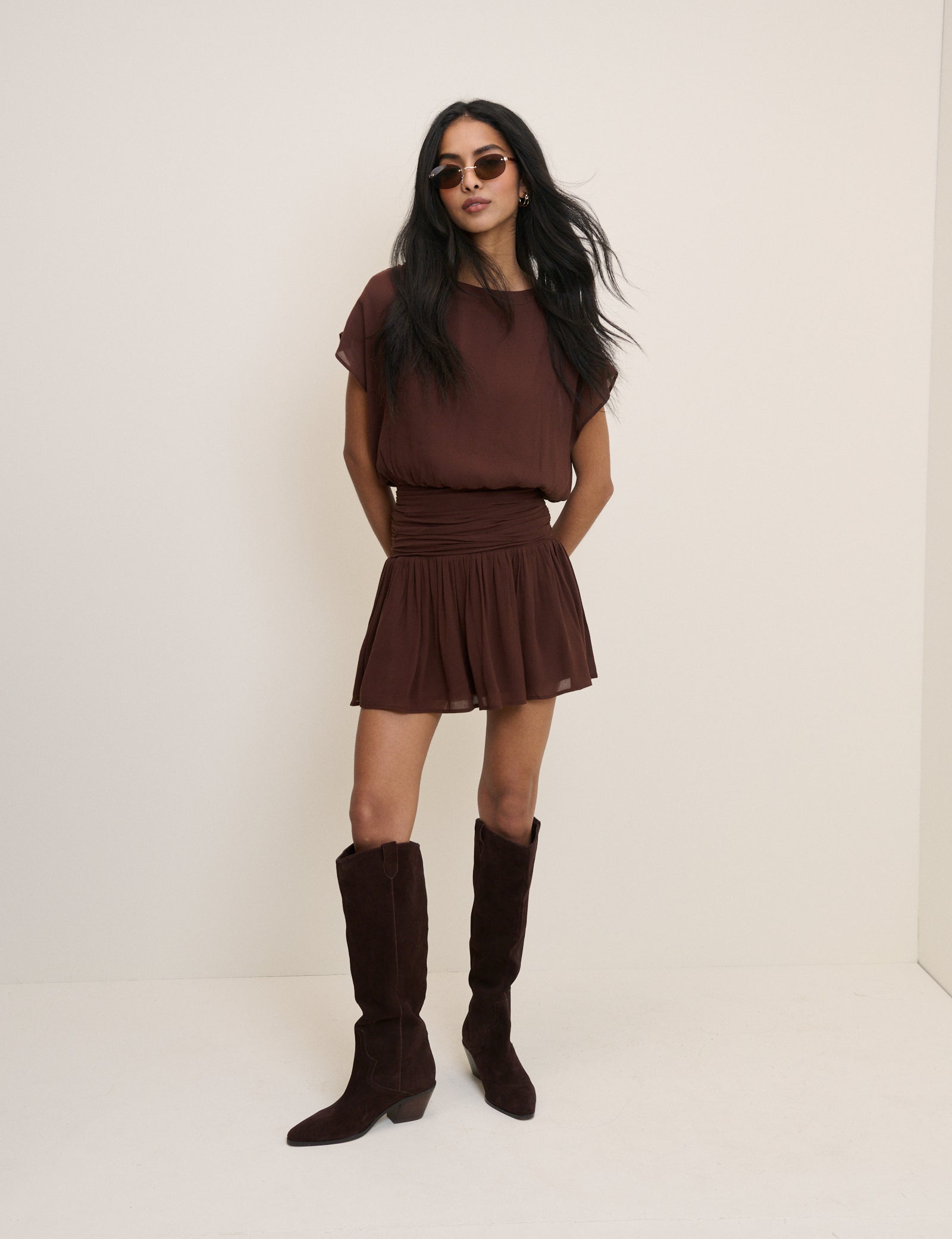 Brown Chocolate Drop Waist Short Sleeve Mini Dress - Image 4