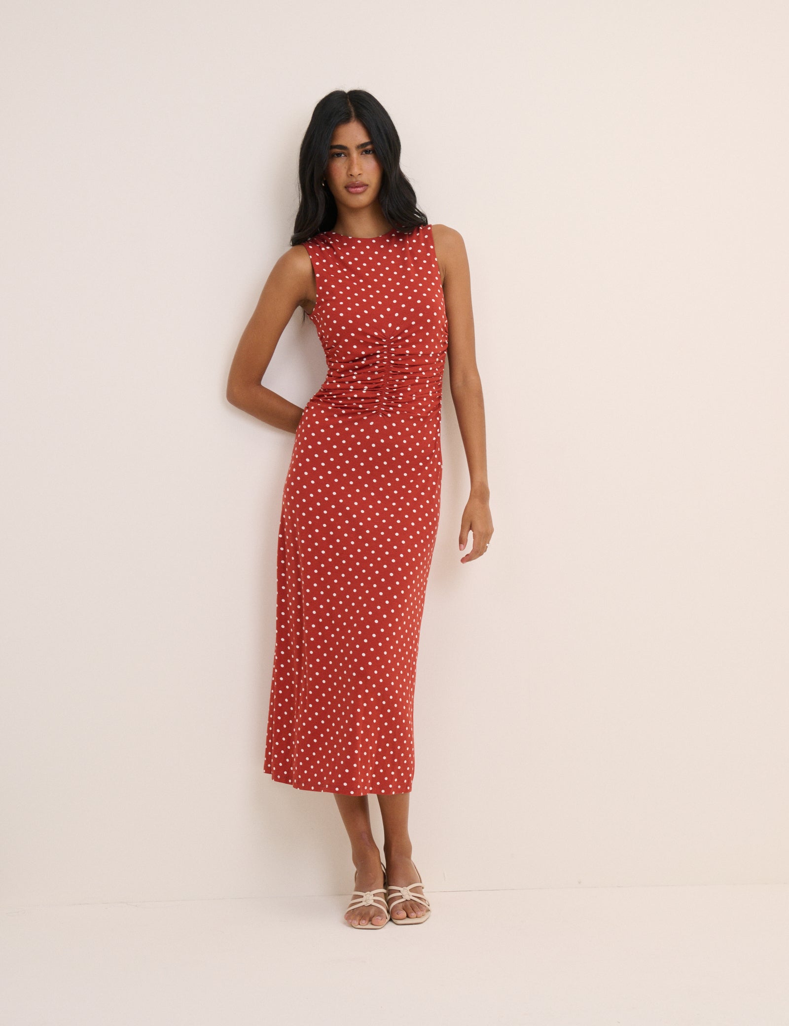 Red Polka Dot Jersey Sleeveless Midaxi Dress