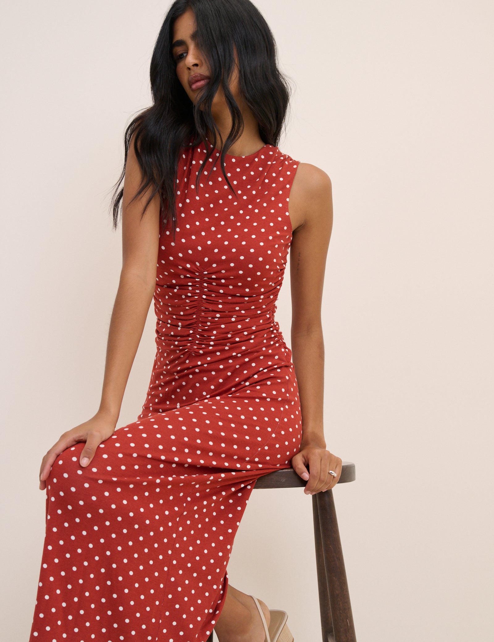 Red Polka Dot Jersey Sleeveless Midaxi Dress - Image 2