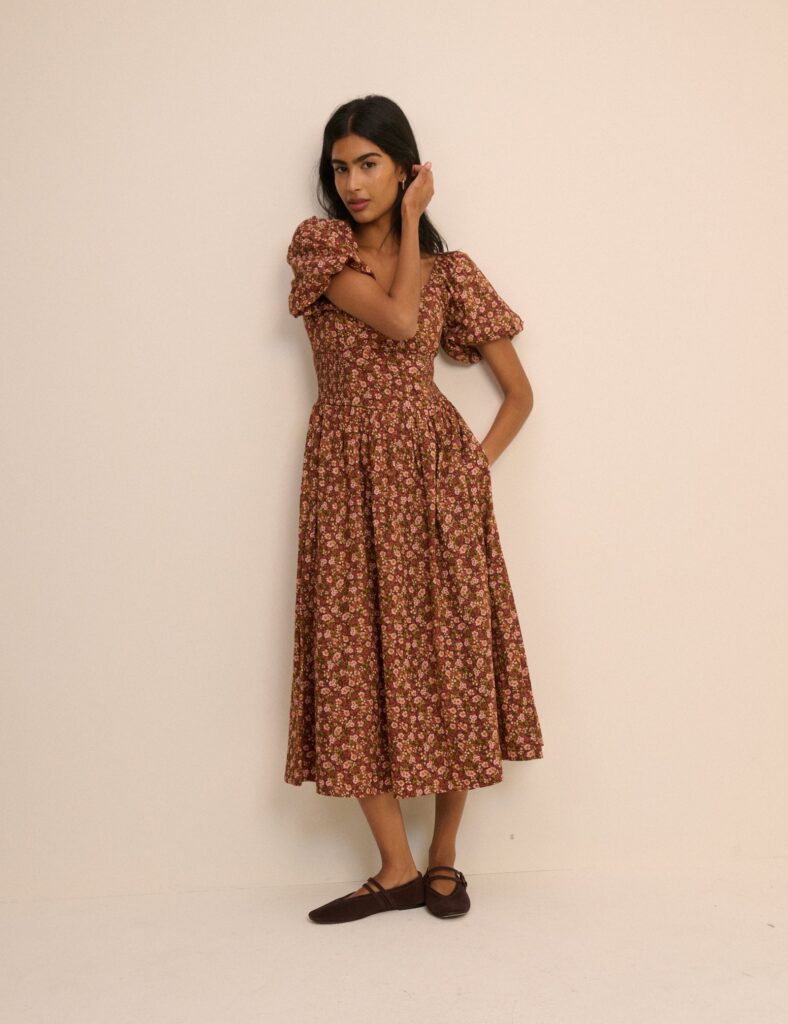 Brown Floral Cotton Shirred Square Neck Midaxi Dress