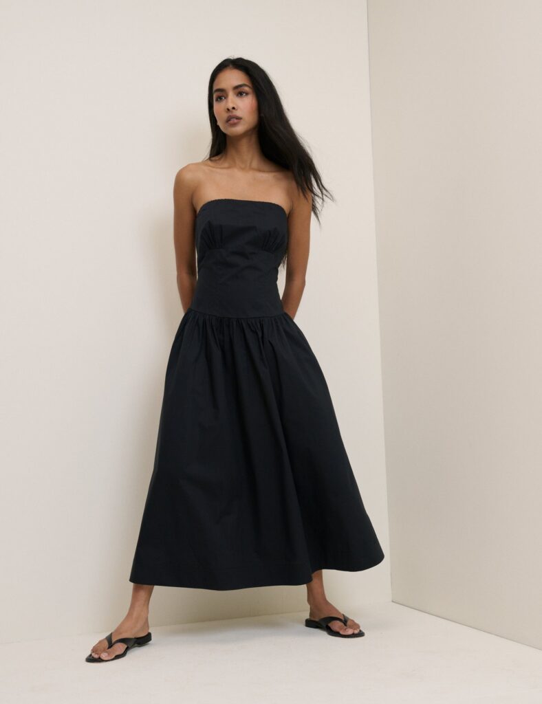 Black Cotton Drop Waist Shirred Midaxi Dress