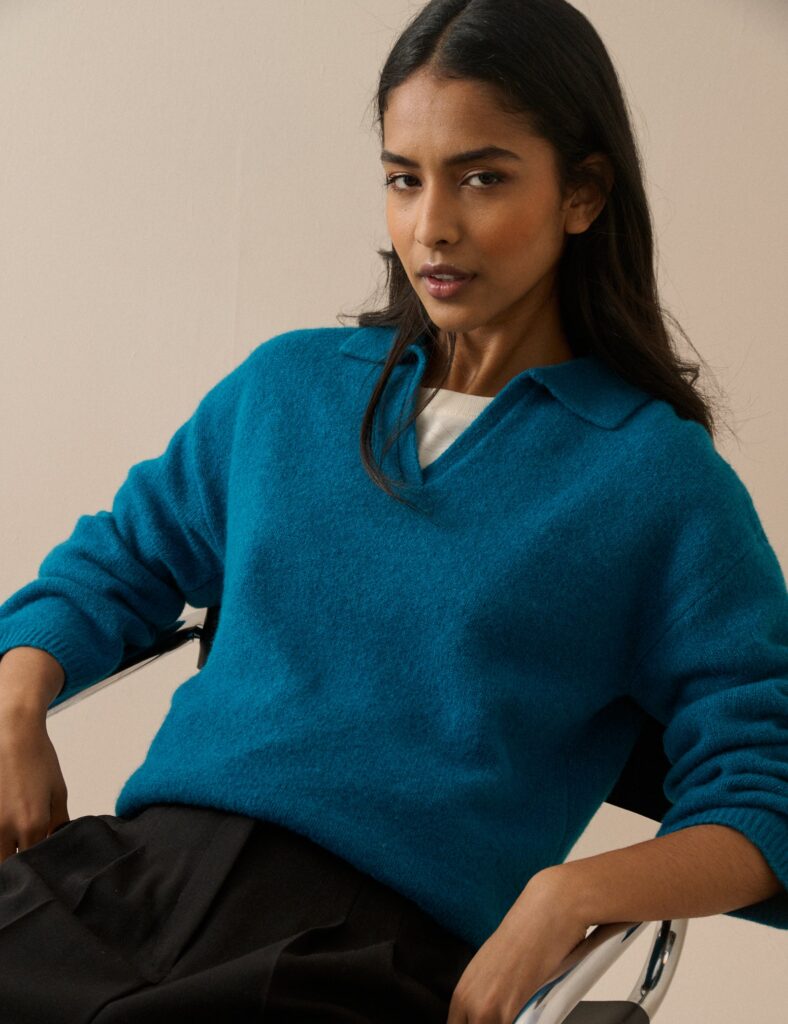 Blue Collared Neck Knitted Jumper Knitwear