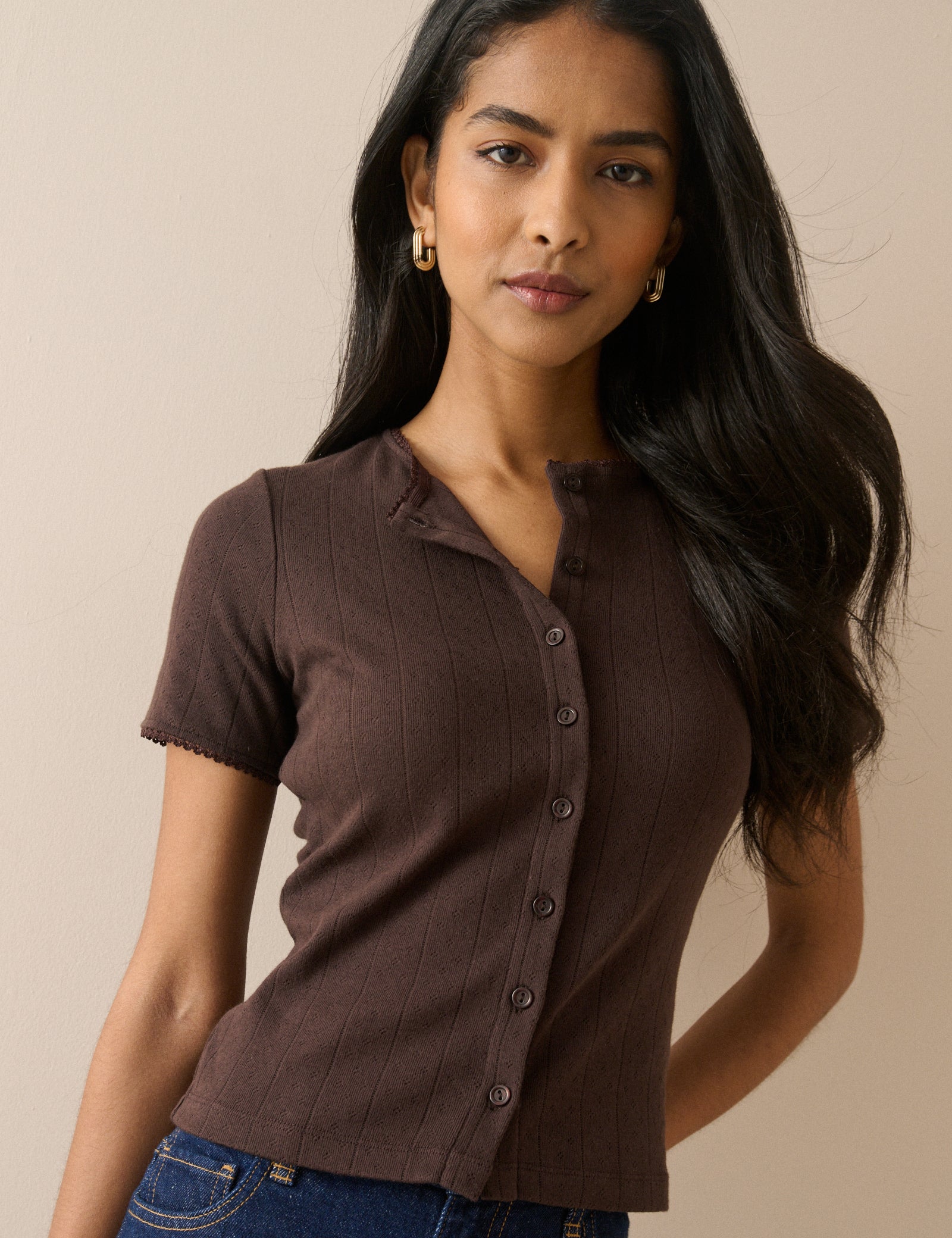 Brown Pointelle Short Sleeve Top - Image 4