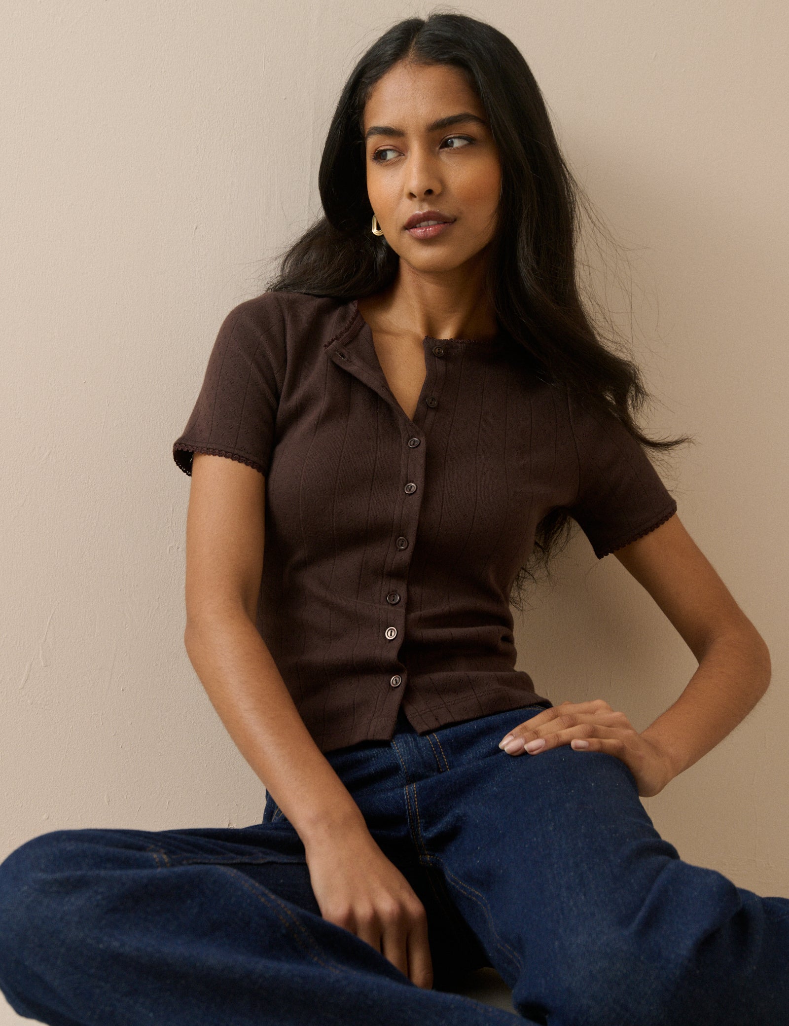 Brown Pointelle Short Sleeve Top - Image 2
