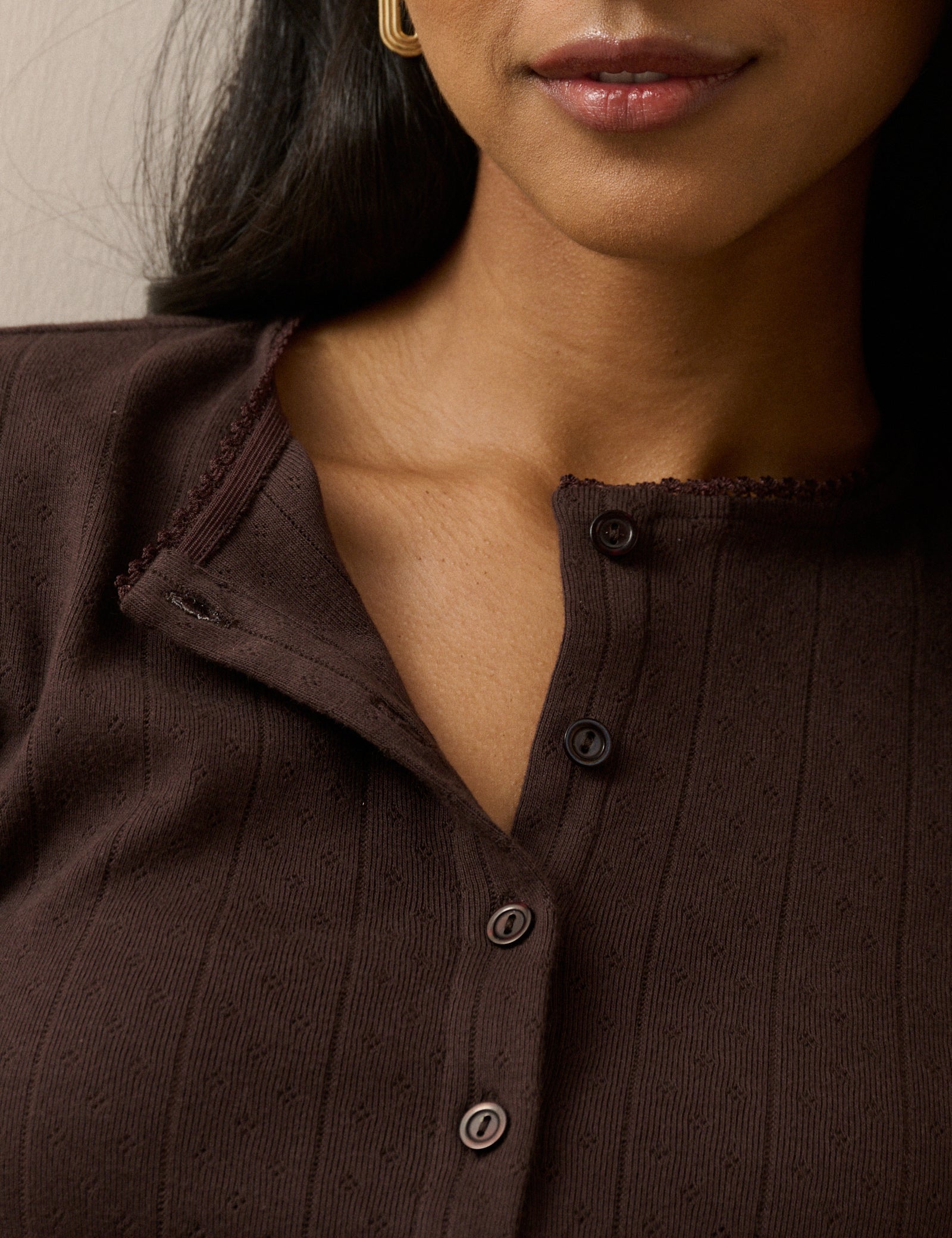 Brown Pointelle Short Sleeve Top - Image 3