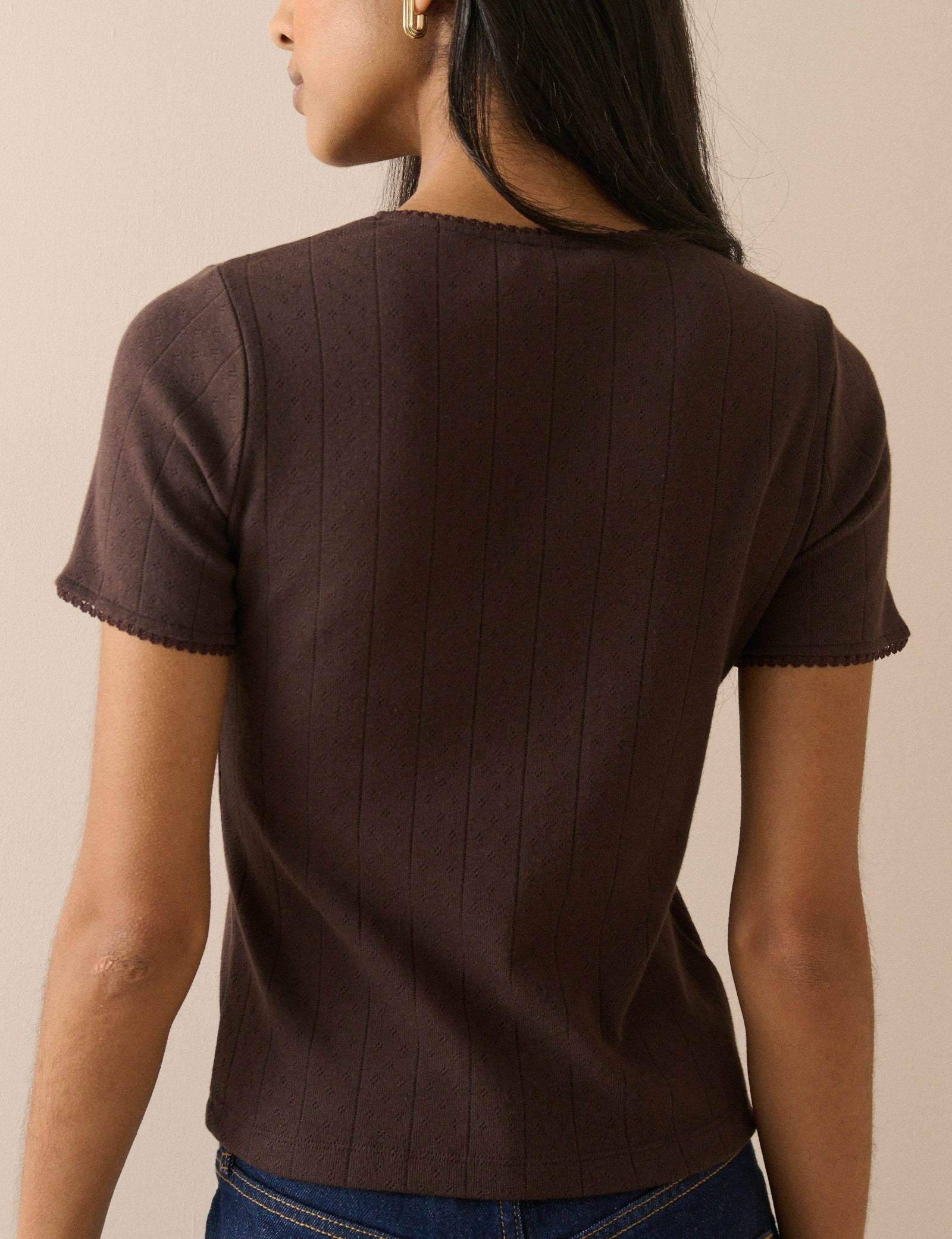 Brown Pointelle Short Sleeve Top - Image 5
