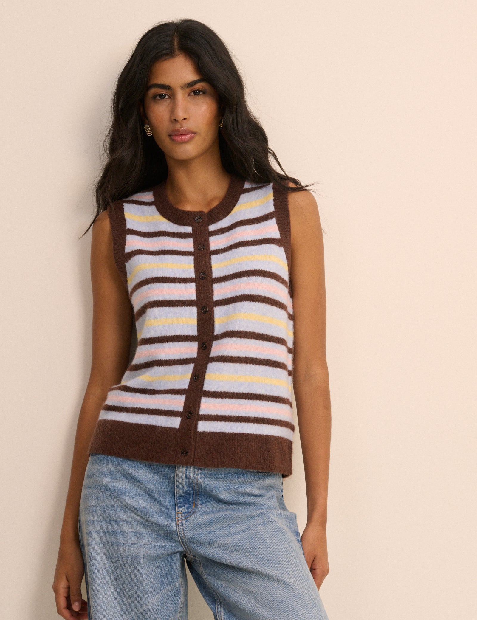 Blue And Brown Stripe Button Through Vest Knitwear - Image 2