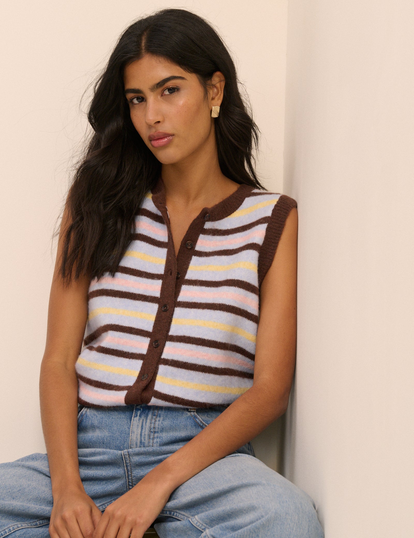 Blue And Brown Stripe Button Through Vest Knitwear - Image 4