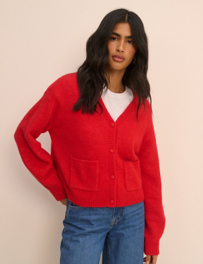 Soft Red Neck Pocket Cardigan