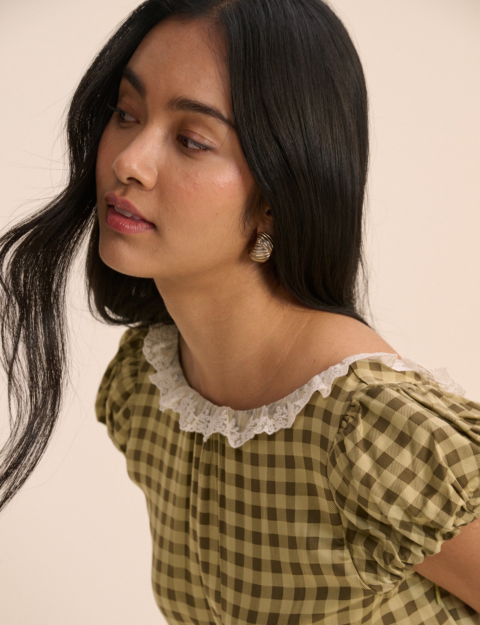 Green Check Lace Shirred Puff Sleeve Midaxi Dress - Image 5