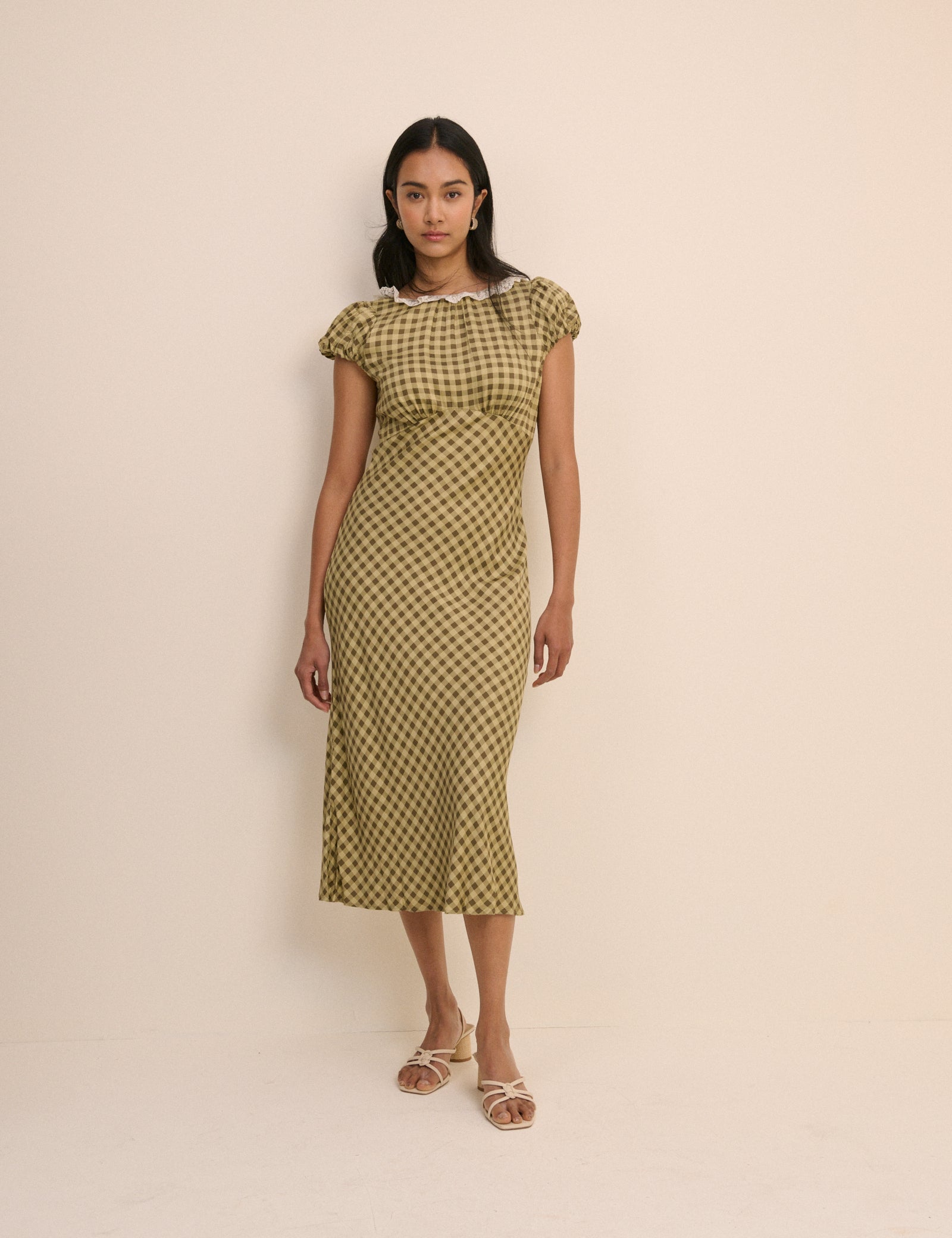 Green Check Lace Shirred Puff Sleeve Midaxi Dress - Image 2