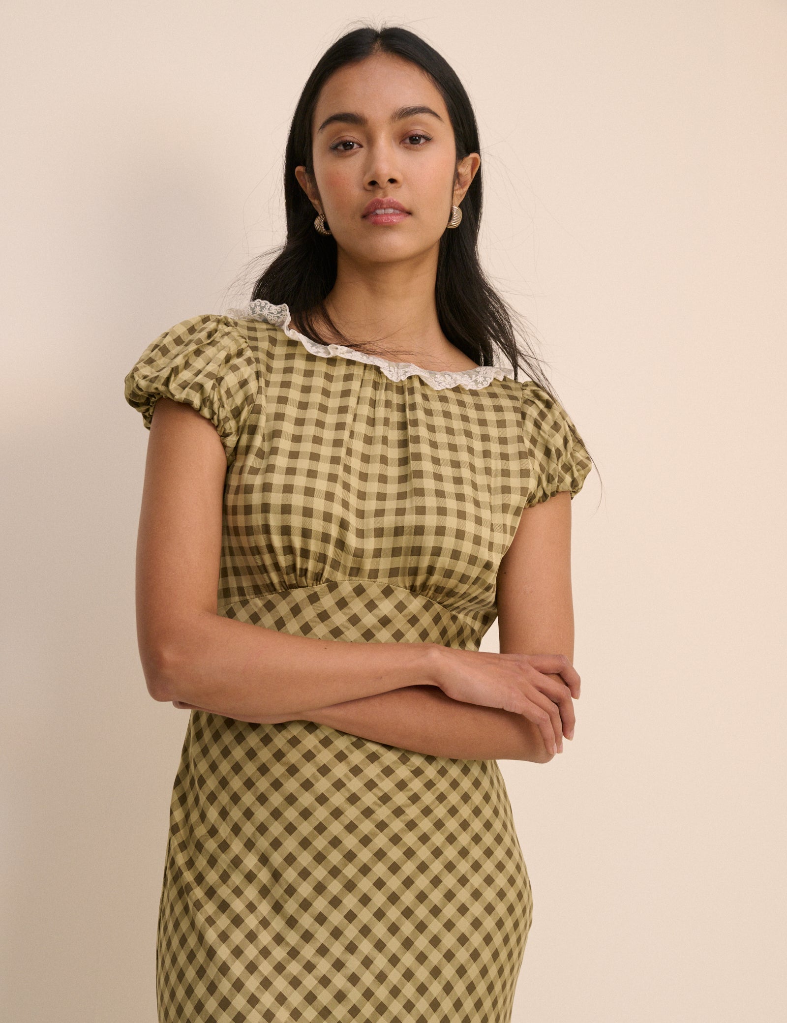 Green Check Lace Shirred Puff Sleeve Midaxi Dress - Image 3