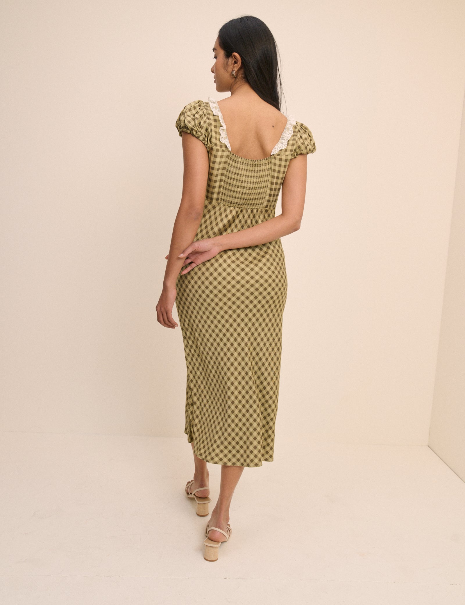 Green Check Lace Shirred Puff Sleeve Midaxi Dress - Image 4