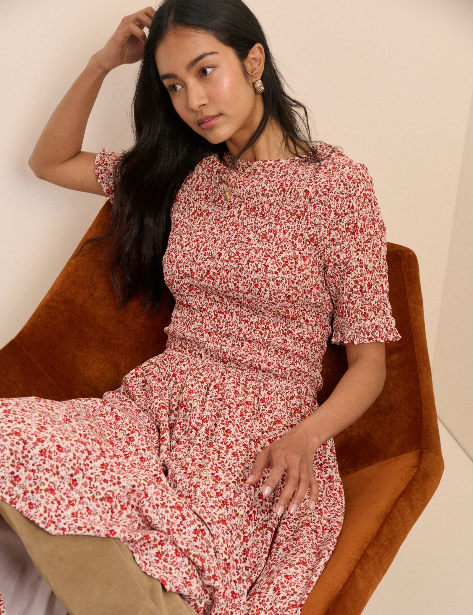 Multi Floral Drop Waist Shirred Midaxi Dress - Image 4