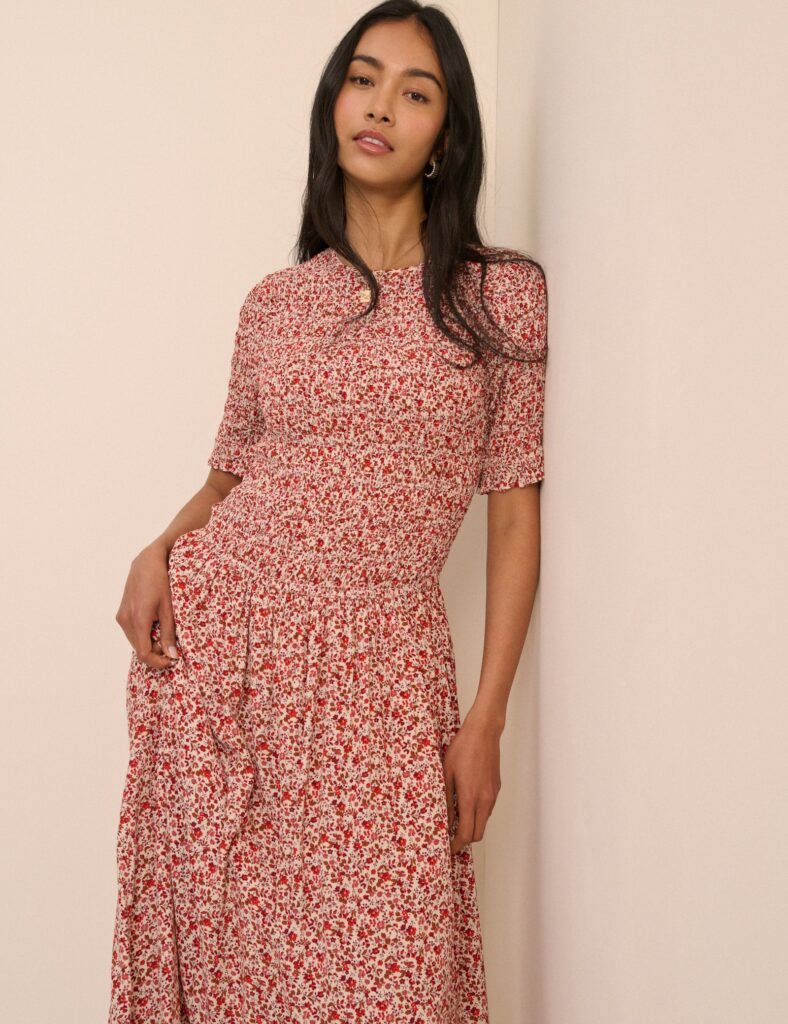 Multi Floral Drop Waist Shirred Midaxi Dress