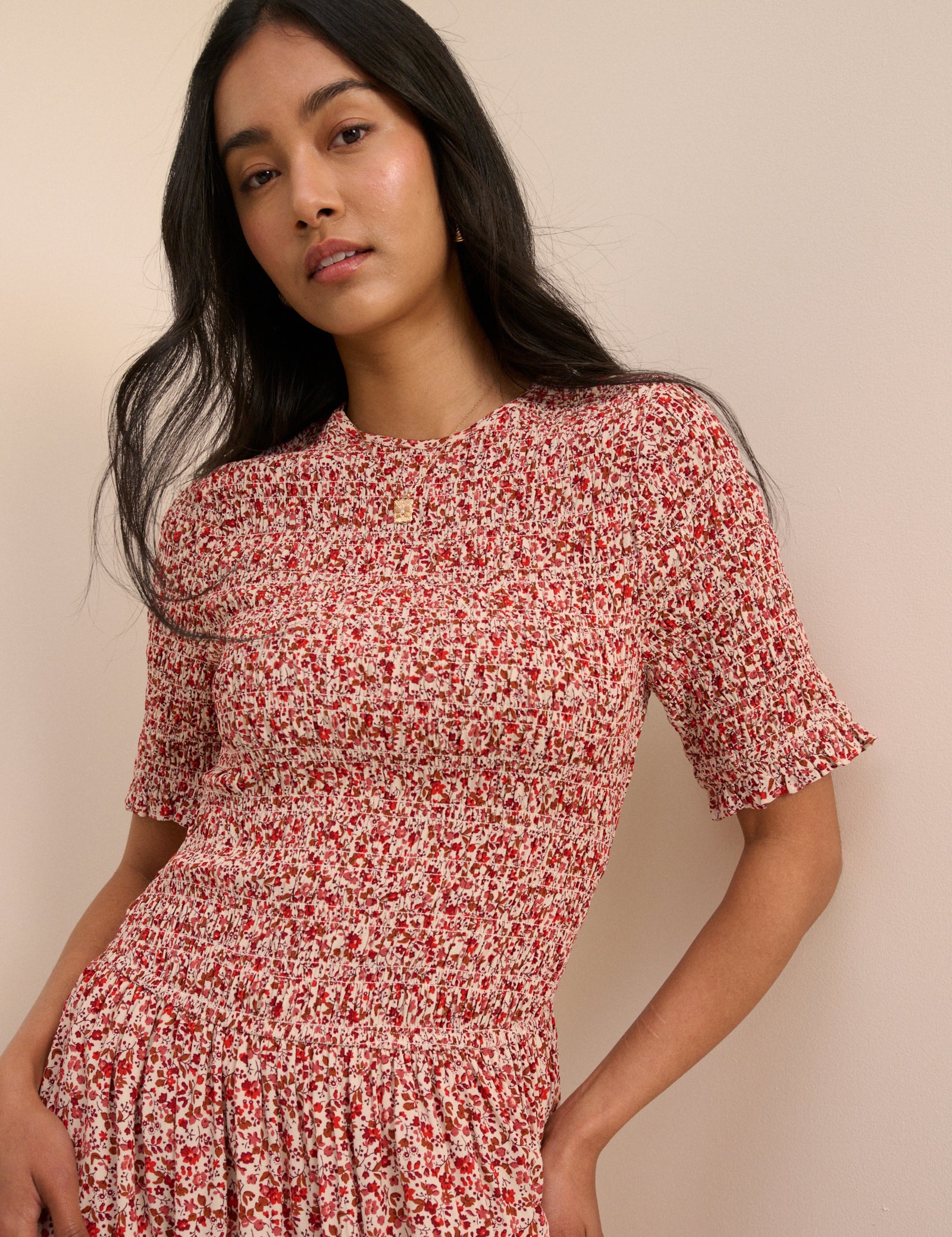 Multi Floral Drop Waist Shirred Midaxi Dress - Image 3