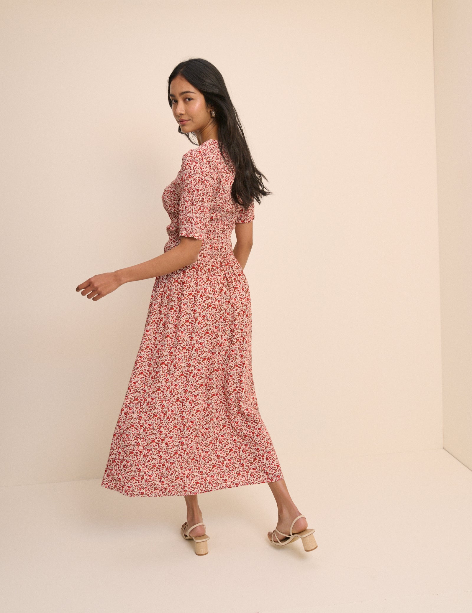 Multi Floral Drop Waist Shirred Midaxi Dress - Image 5