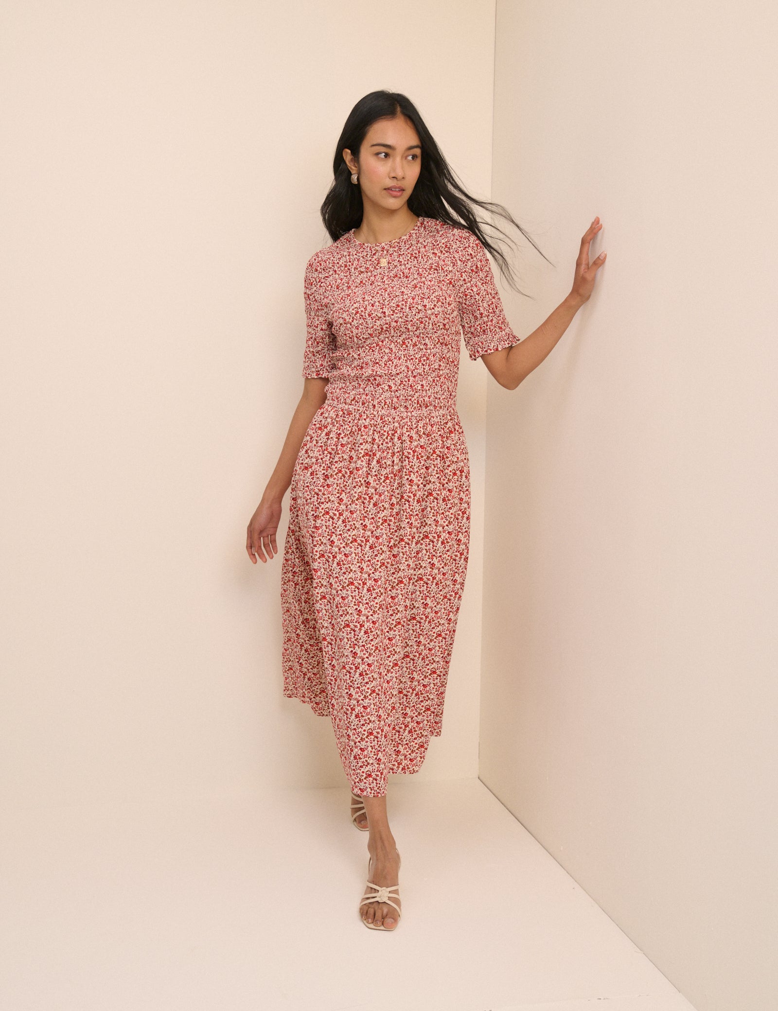 Multi Floral Drop Waist Shirred Midaxi Dress - Image 2
