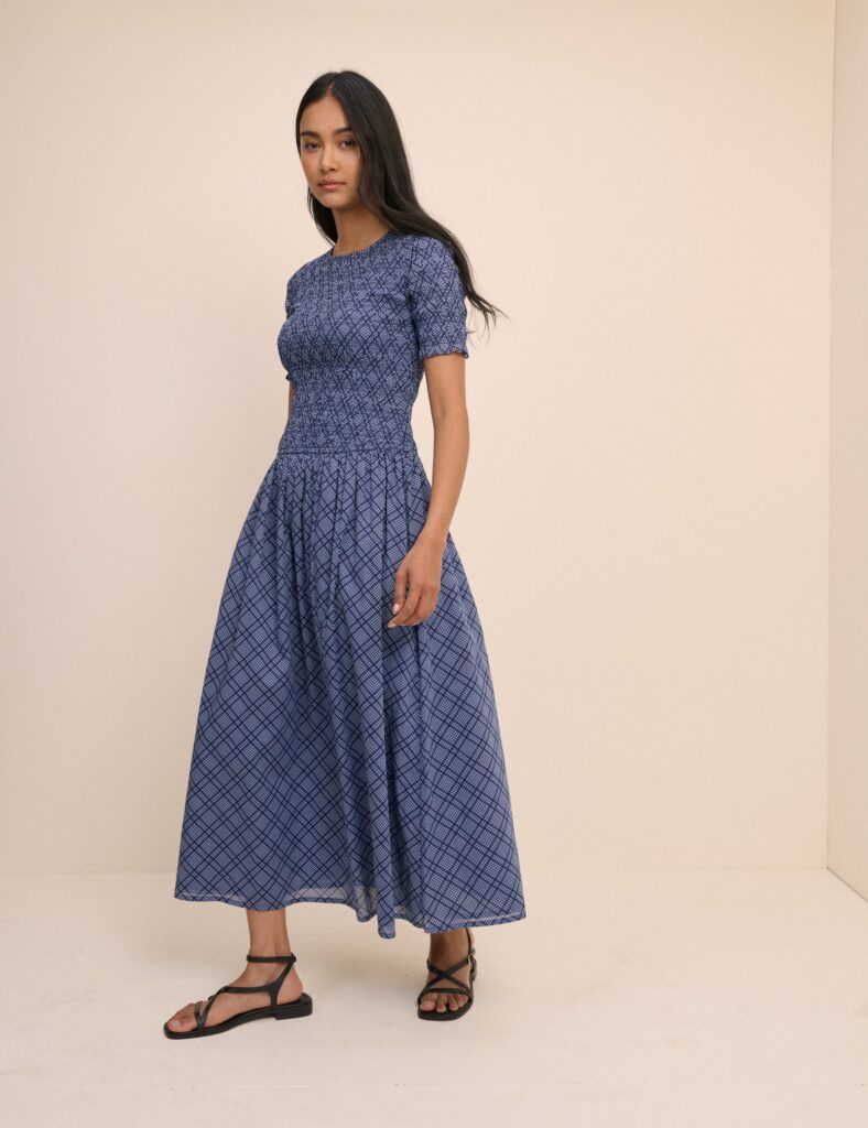Blue Check Cotton Drop Waist Midaxi Dress