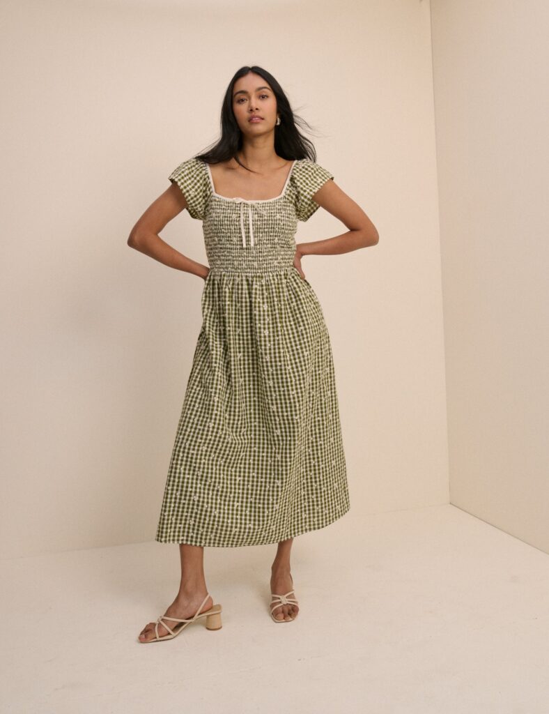 Green Printed Cotton Shirred Square Neck Midaxi Dress