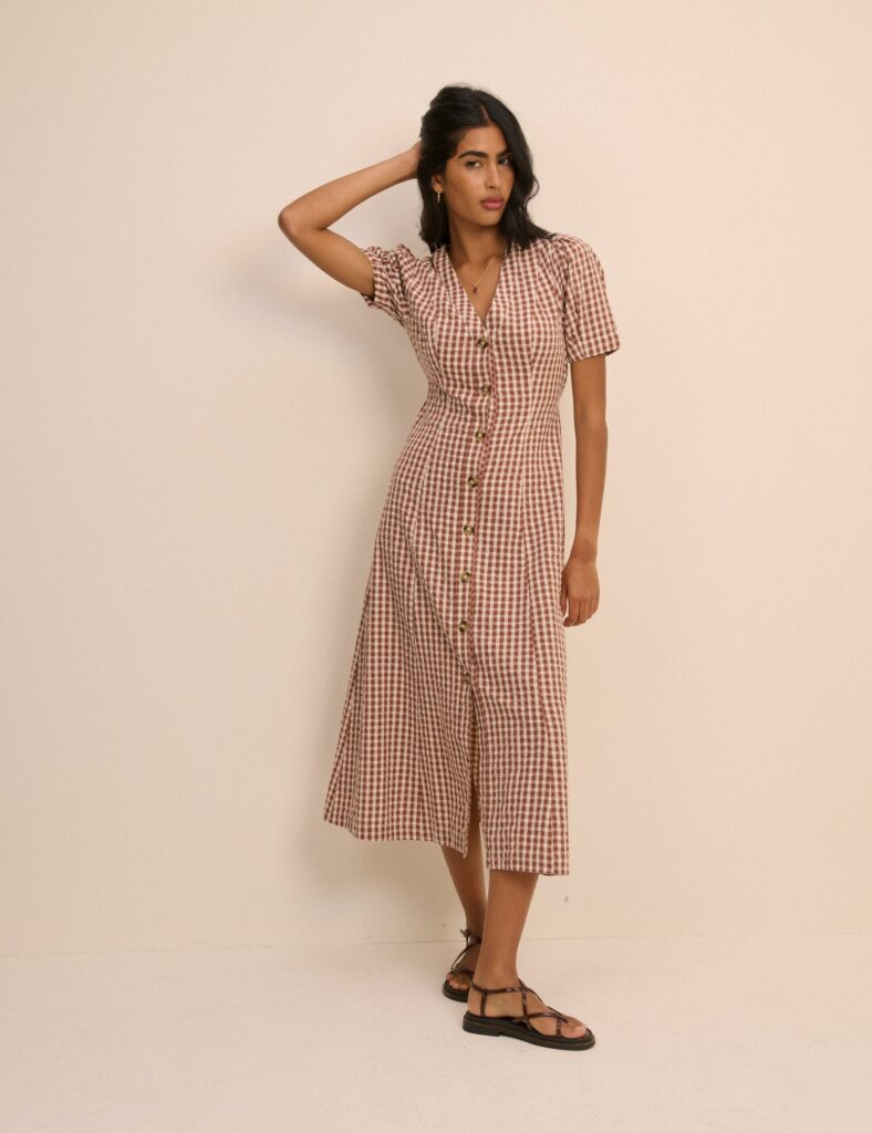 Brown Printed Cotton Button Front Midaxi Dress