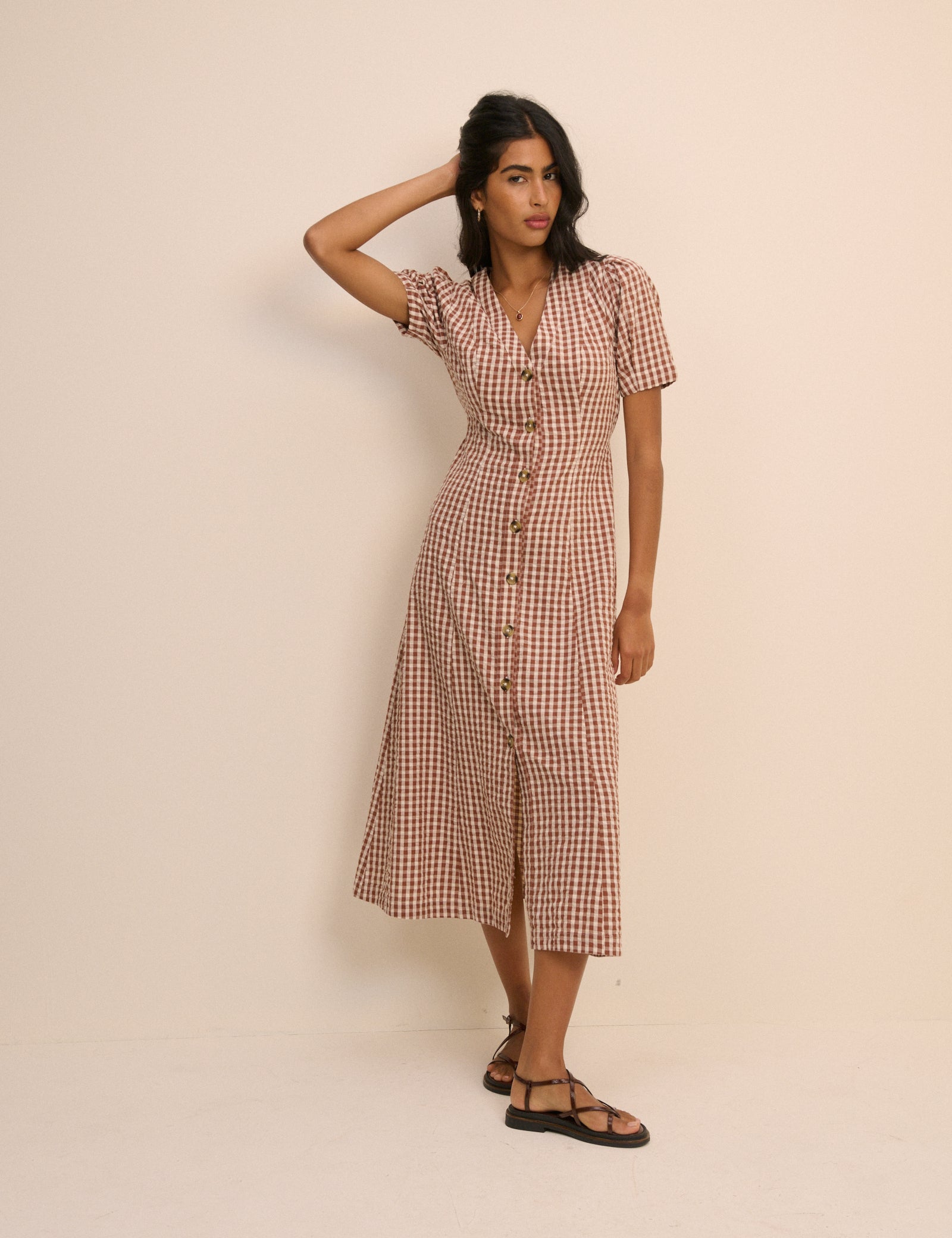 Brown Printed Cotton Button Front Midaxi Dress