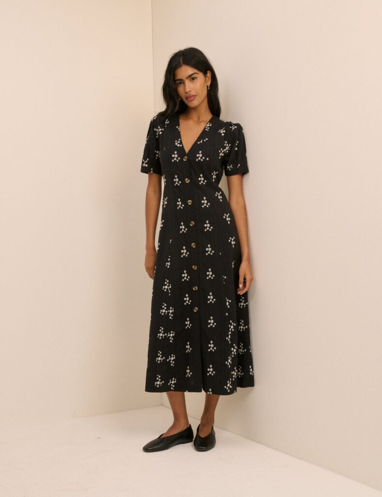 Black Floral Cotton Button Front Midaxi Dress
