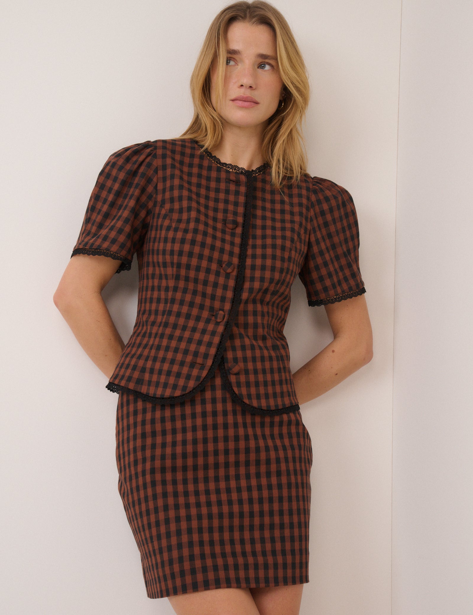 Brown Gingham High Waisted Tailored Skirt - Image 4