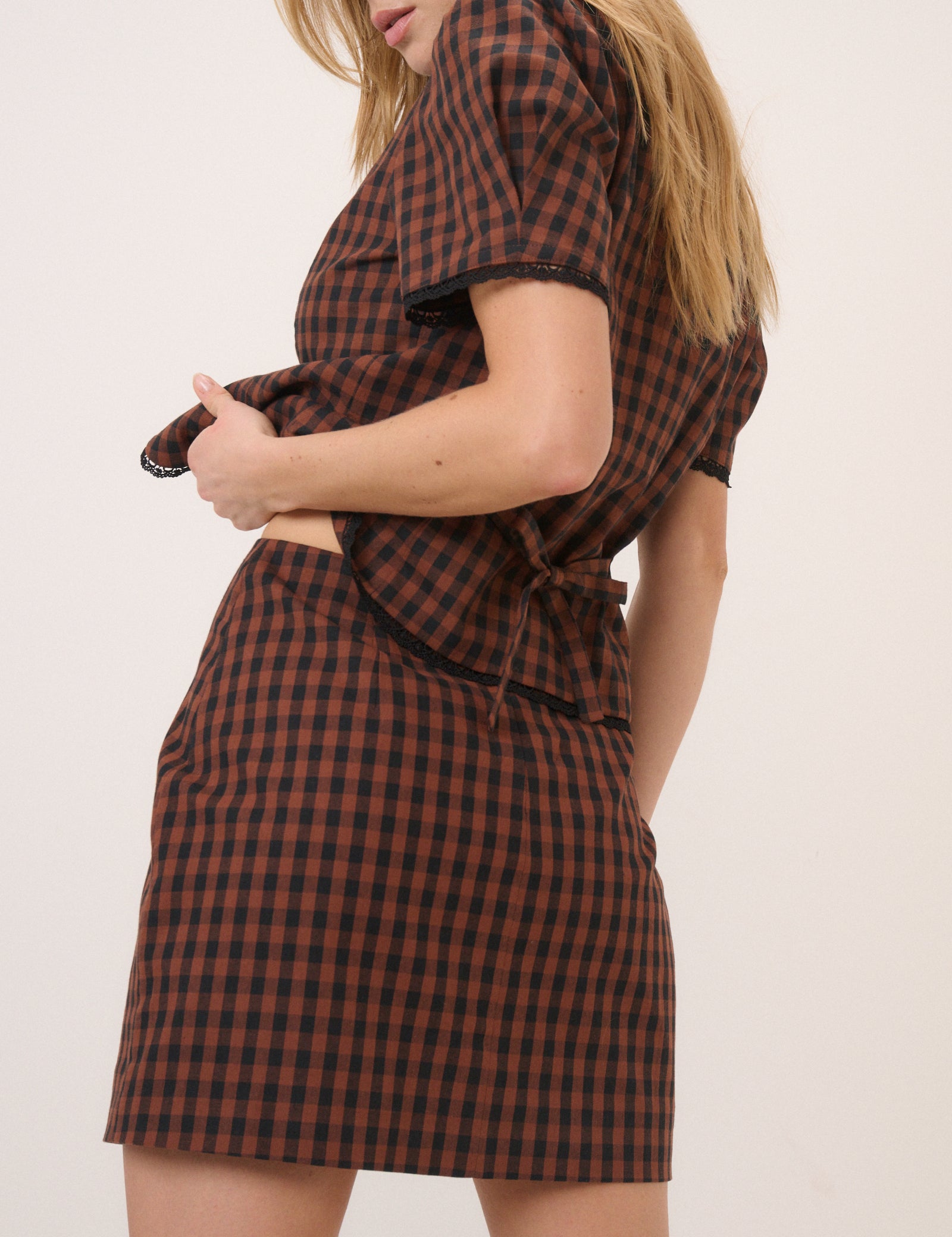 Brown Gingham High Waisted Tailored Skirt - Image 5