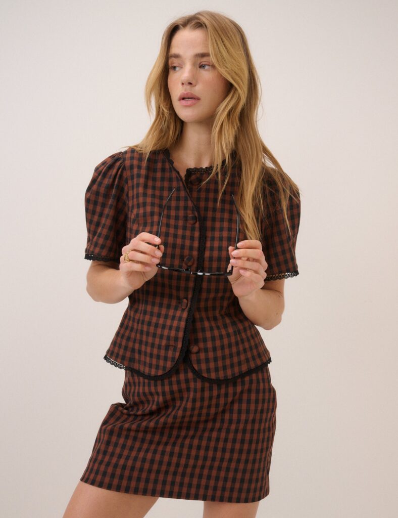 Brown Gingham High Waisted Tailored Skirt